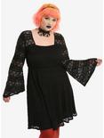 Black Lace Stripe Bell Sleeve Dress Plus Size, BLACK, hi-res