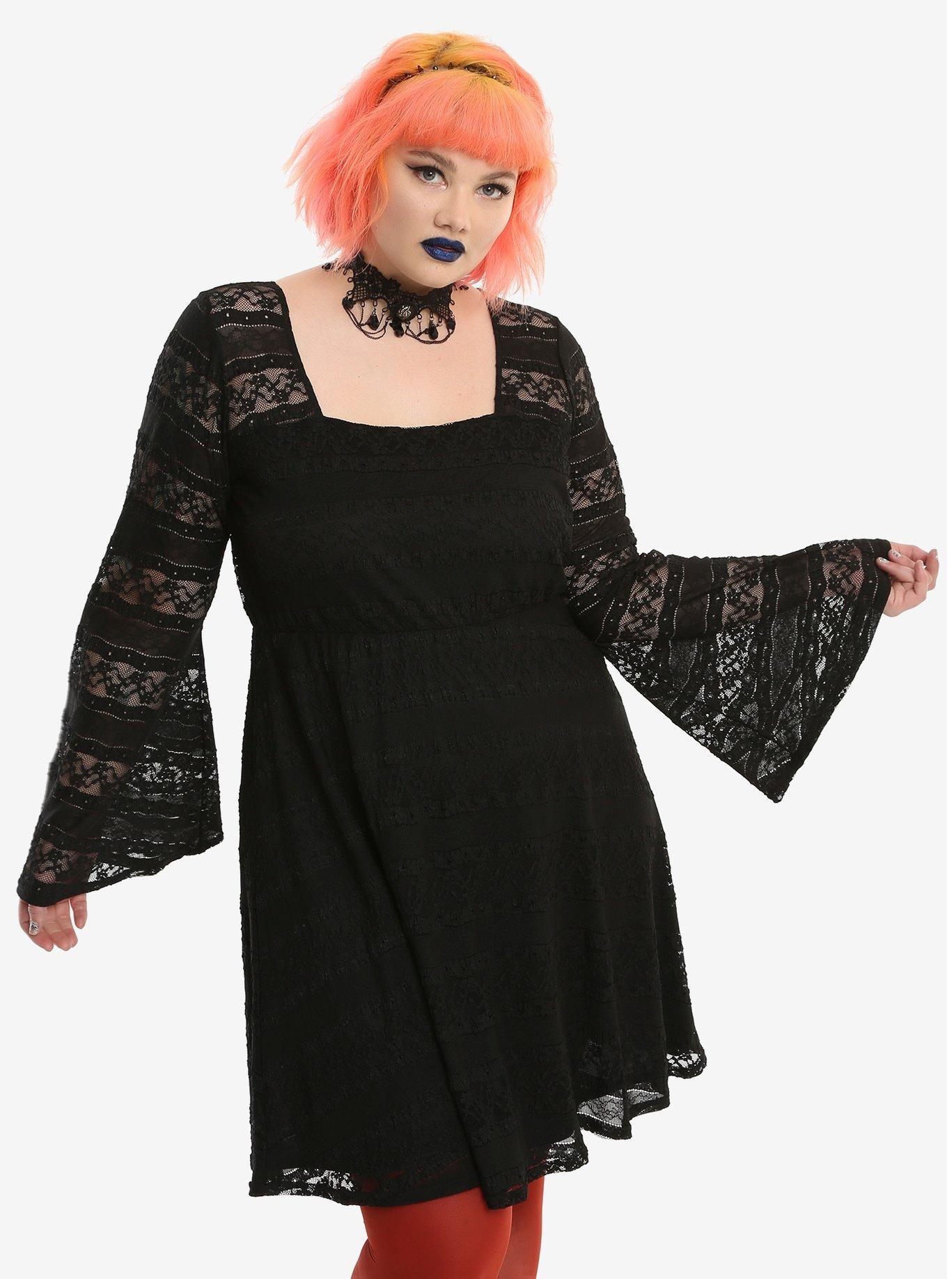 Black Lace Stripe Bell Sleeve Dress Plus Size | Hot Topic