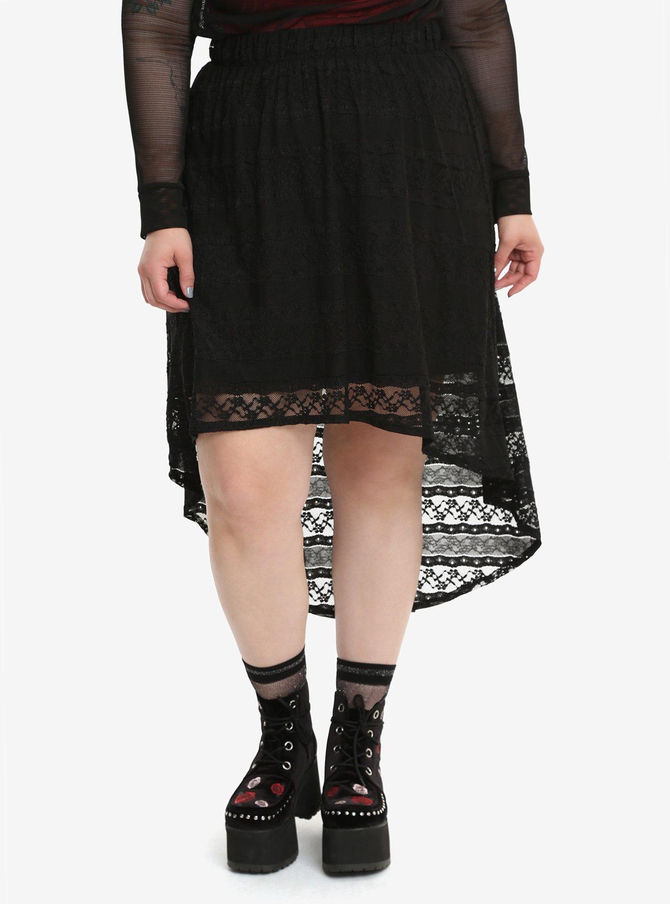 Black Lace Hi-Low Hem Skirt Plus Size, BLACK, hi-res