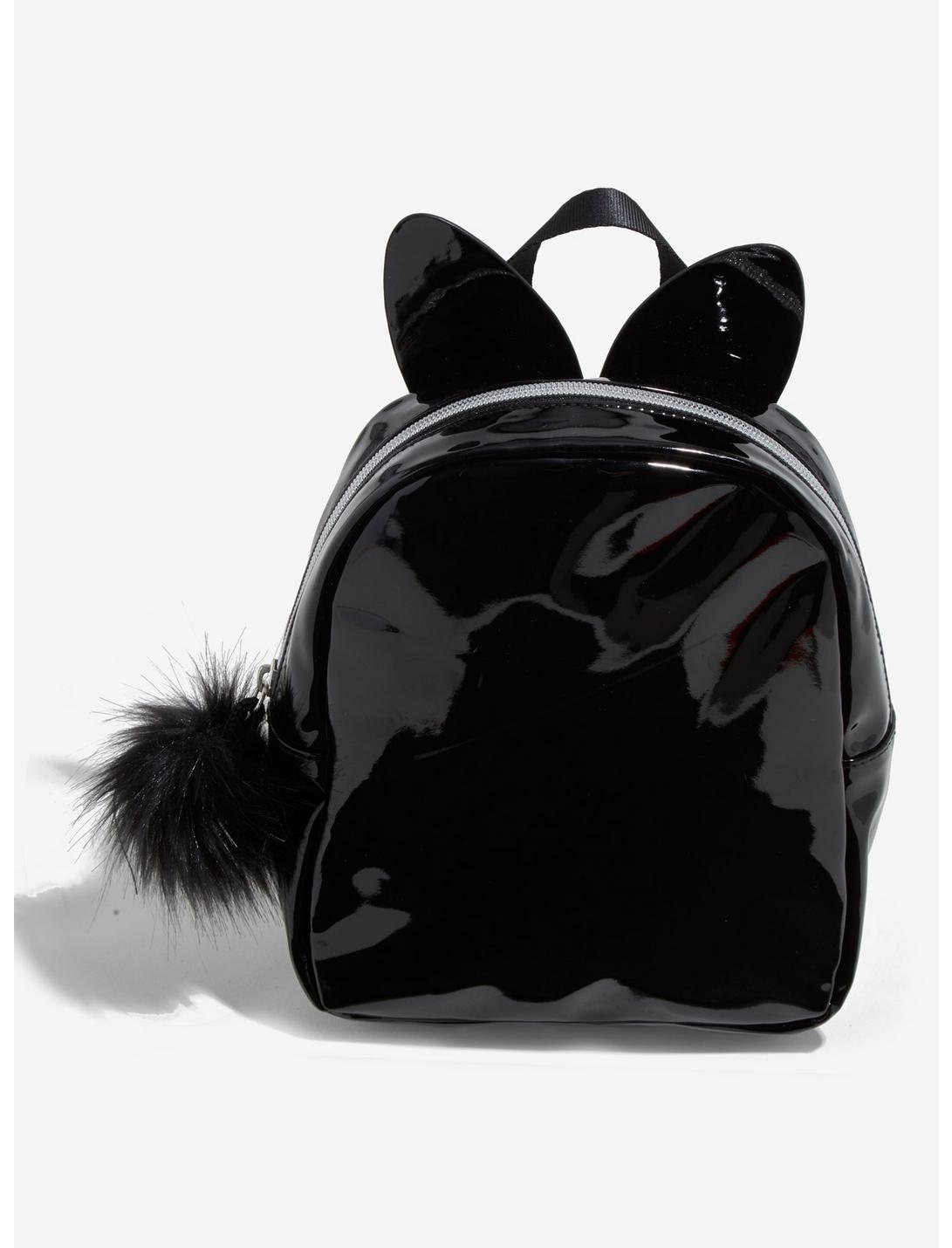 Black Patent Faux Leather Cat Mini Backpack, , hi-res