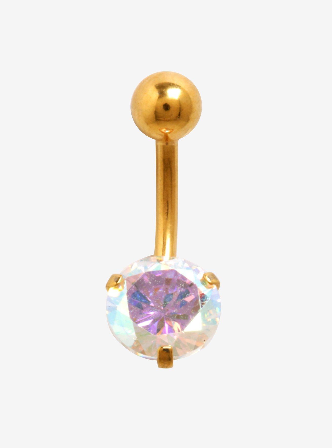 14G Steel Gold Iridescent CZ Navel Barbell, , hi-res