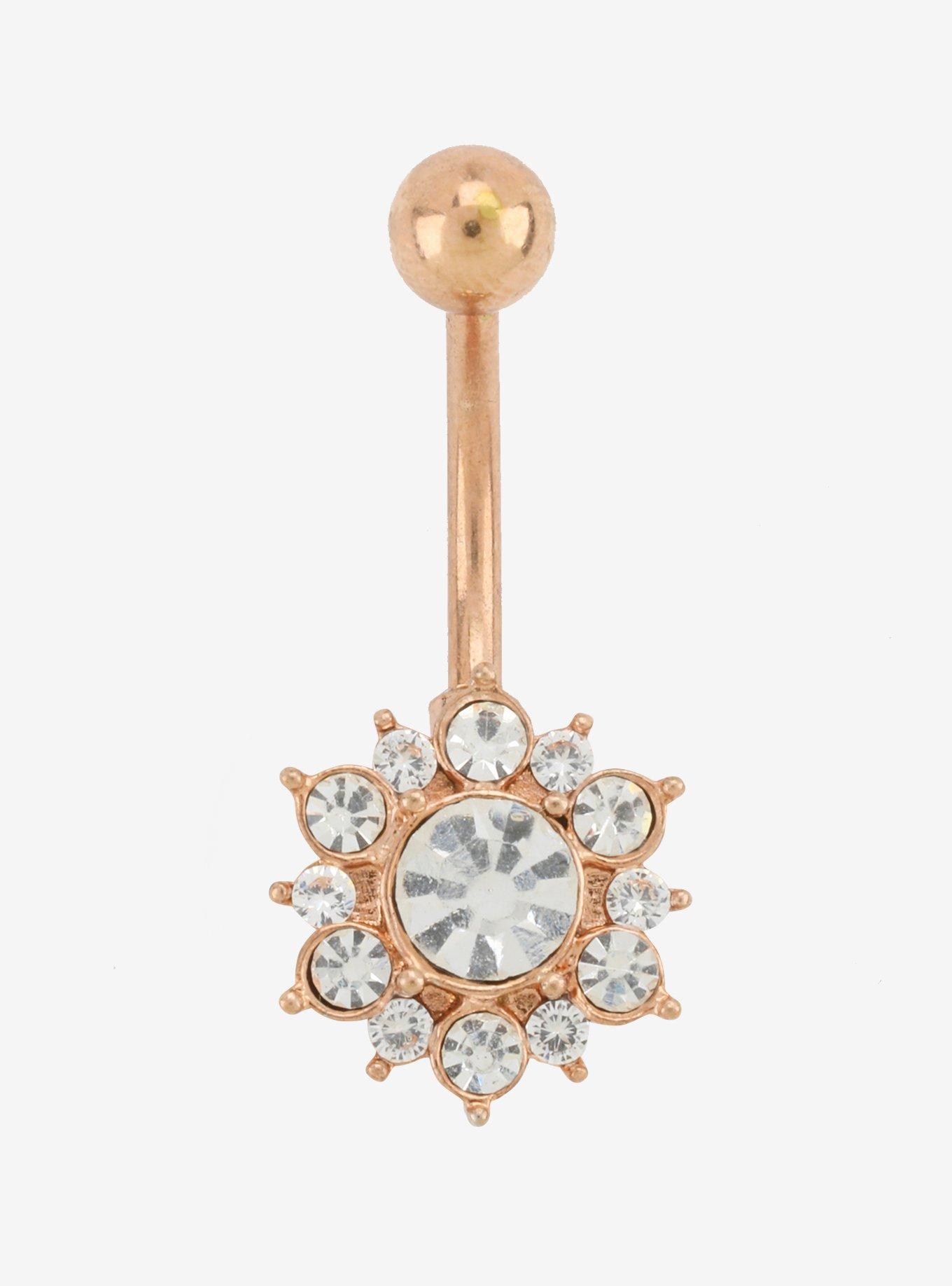 14G Steel Gold Plated CZ Flower Curved Navel Barbell, , hi-res view 1