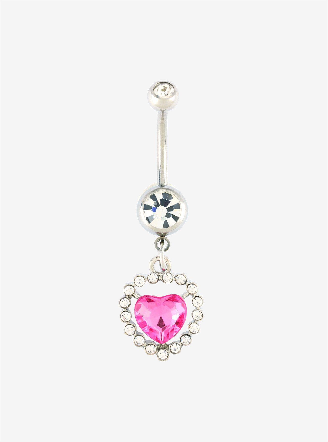 14g Steel Pink Heart Drop Clear Cz Navel Barbell Hot Topic 8208