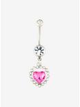 14G Steel Pink Heart Drop Clear CZ Navel Barbell, , hi-res