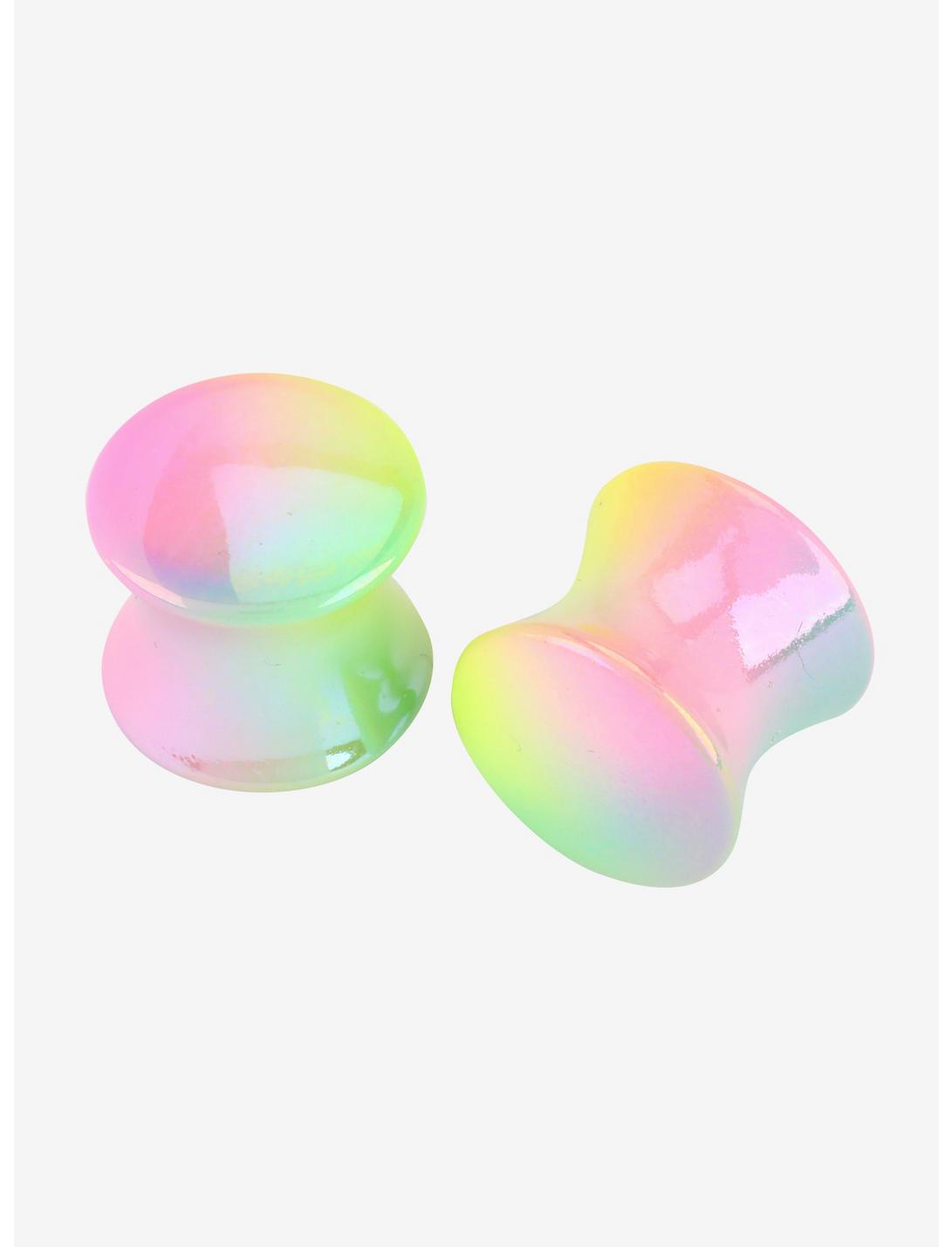 Acrylic Pink Yellow Green Iridescent Double Flare Plug 2 Pack, MULTI, hi-res