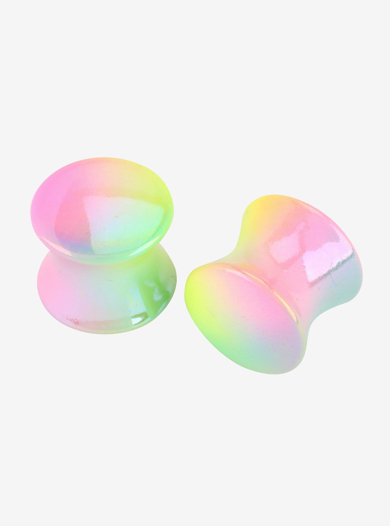 Acrylic Pink Yellow Green Iridescent Double Flare Plug 2 Pack, MULTI, hi-res
