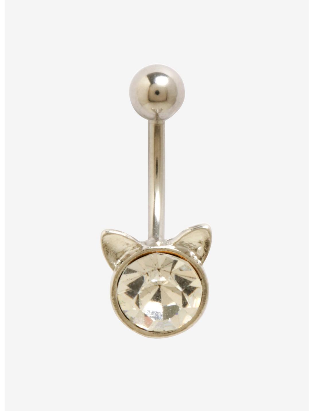 14G Clear CZ Cat Face Navel Barbell, , hi-res