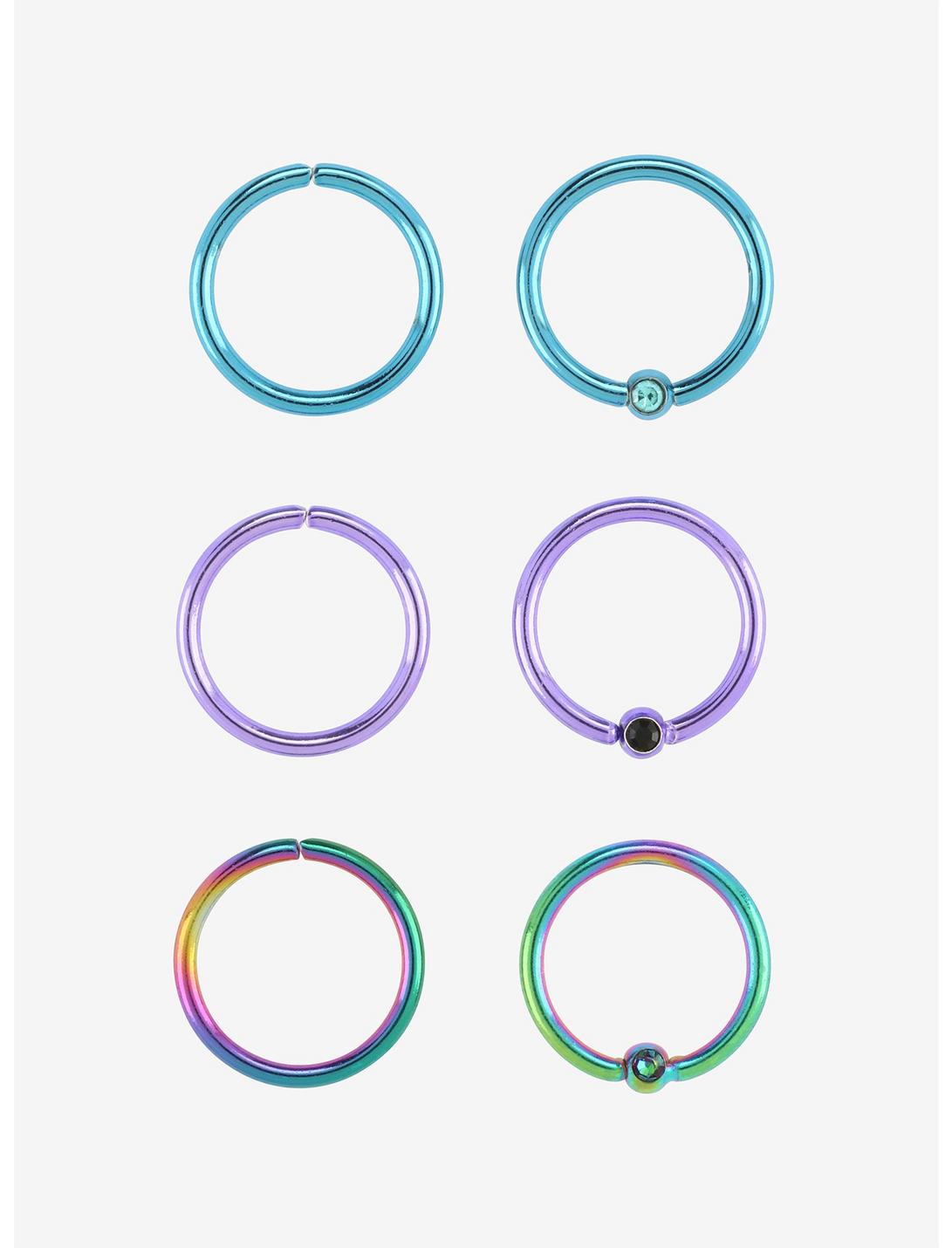 Steel Blue Purple Rainbow Nose Hoop 6 Pack, MULTI, hi-res