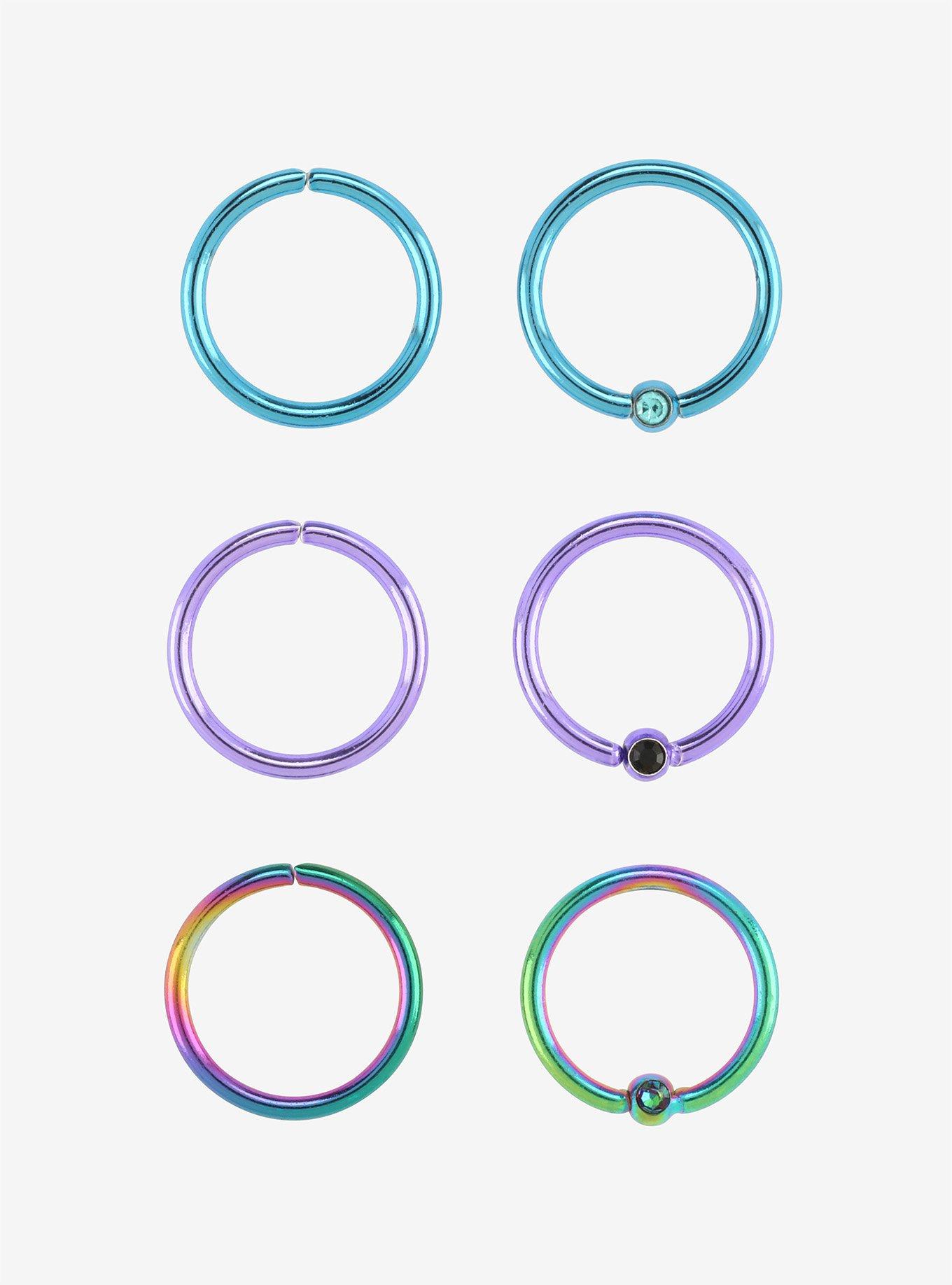 Steel Blue Purple Rainbow Nose Hoop 6 Pack, MULTI, hi-res
