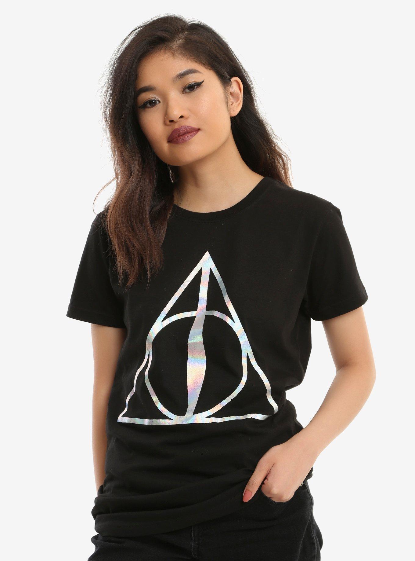 Harry Potter Deathly Hallows Holographic Foil Girls T-Shirt, BLACK, hi-res