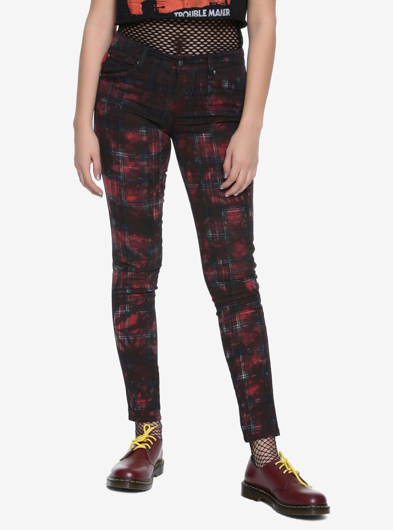 Tripp Plaid Black Wash Skinny Jeans, RED, hi-res