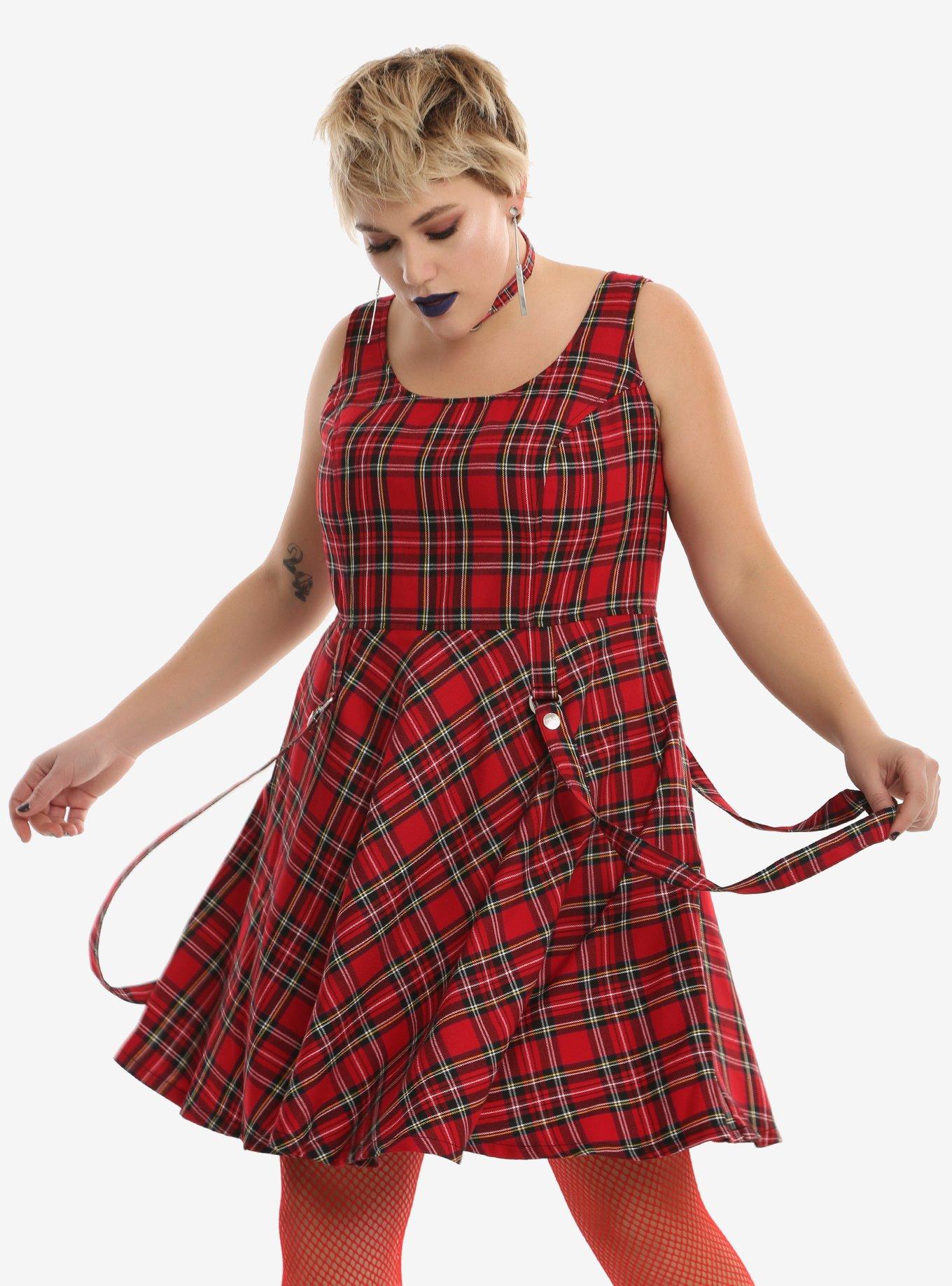 Tripp Red Plaid Suspender Dress Plus Size, RED, hi-res