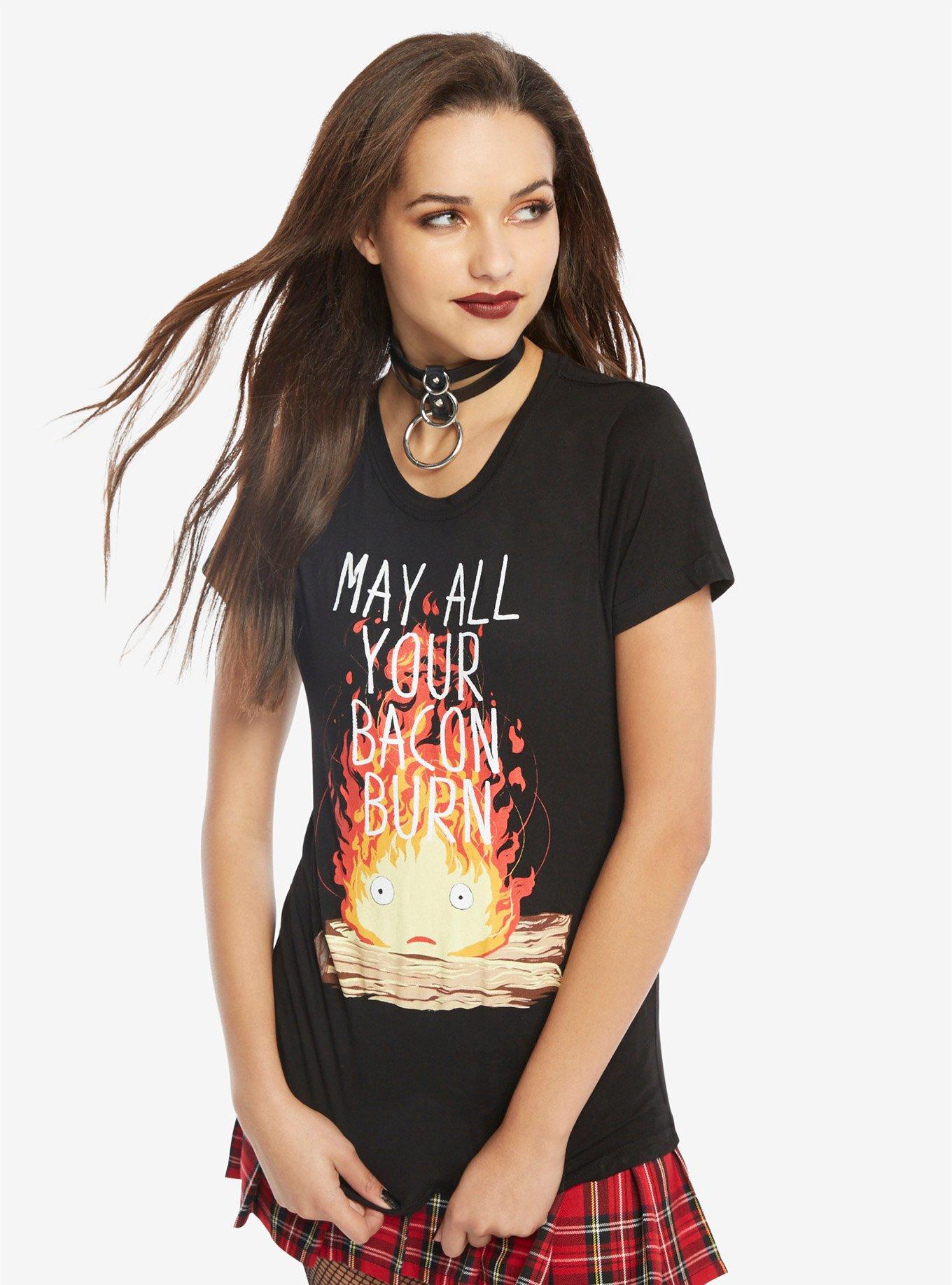 Her Universe Studio Ghibli Howl’s Moving Castle Calcifer Bacon Girls T-Shirt, BLACK, hi-res