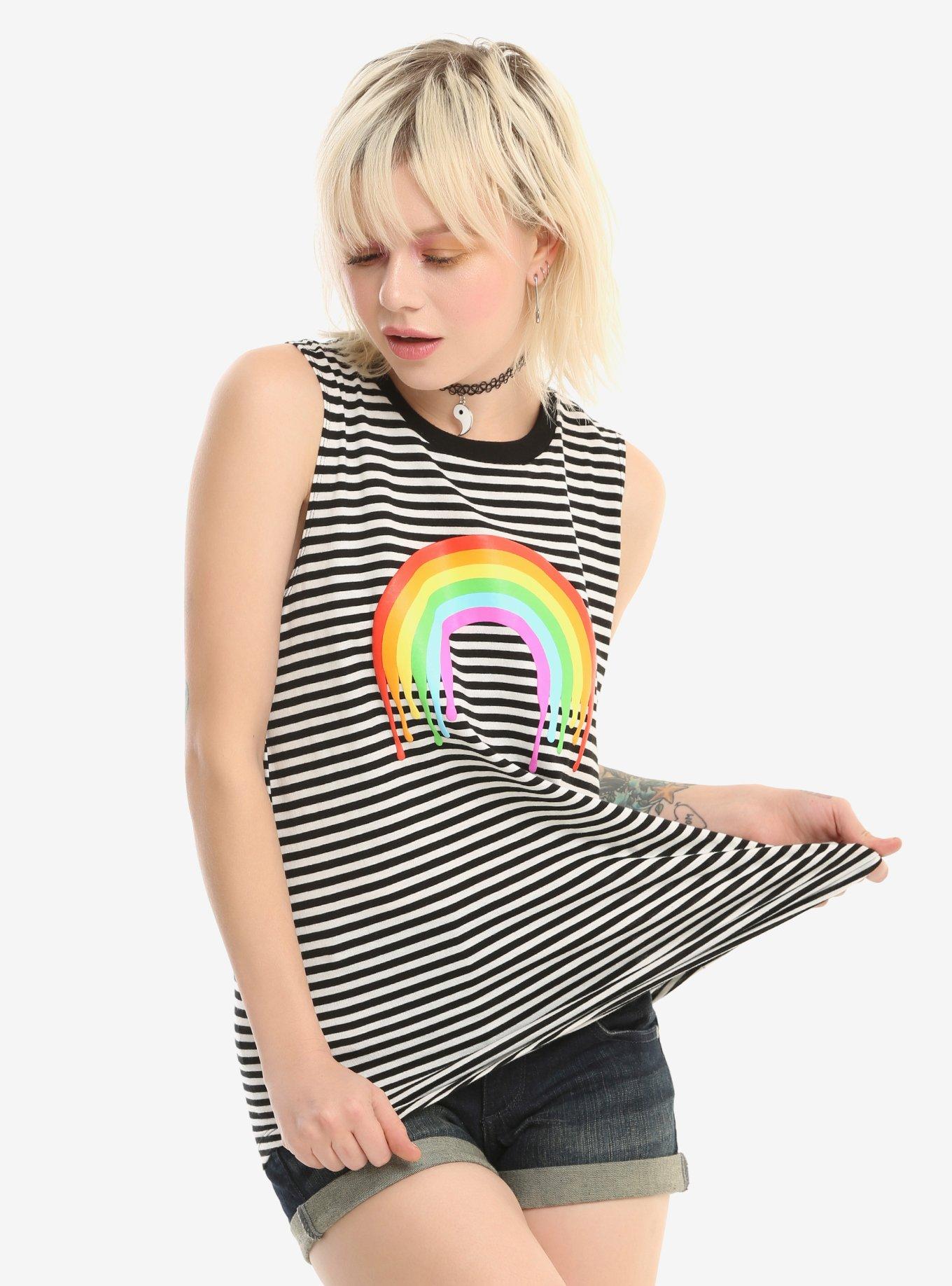 Black & White Striped Dripping Rainbow Girls Tank Top, BLACK, hi-res