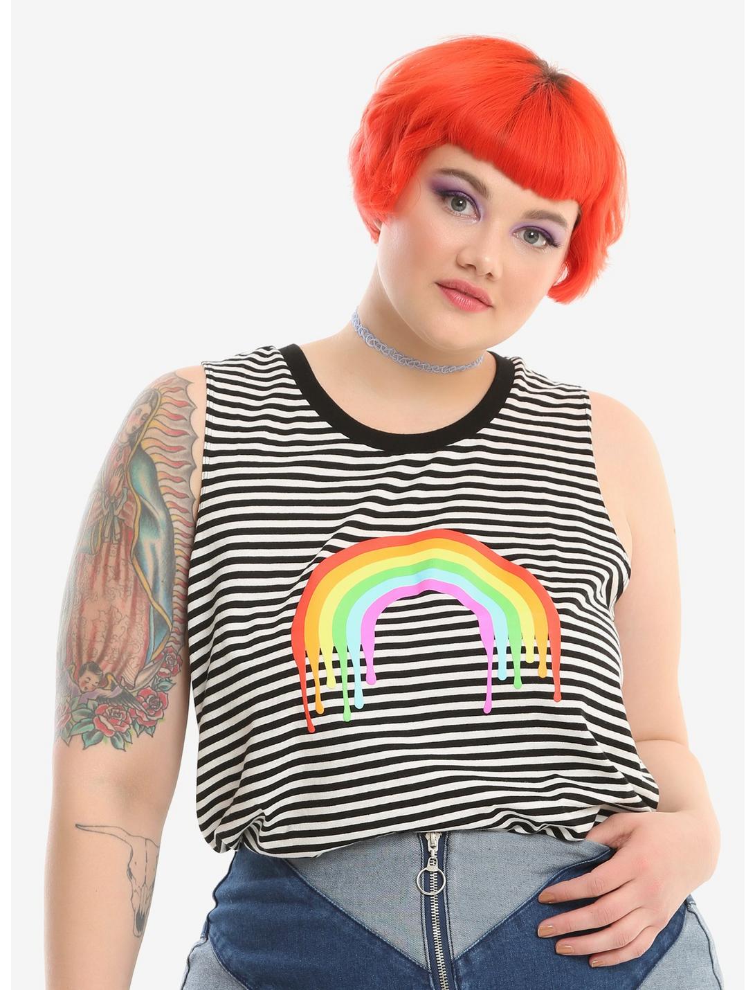 Black & White Striped Dripping Rainbow Girls Tank Top Plus Size, BLACK, hi-res