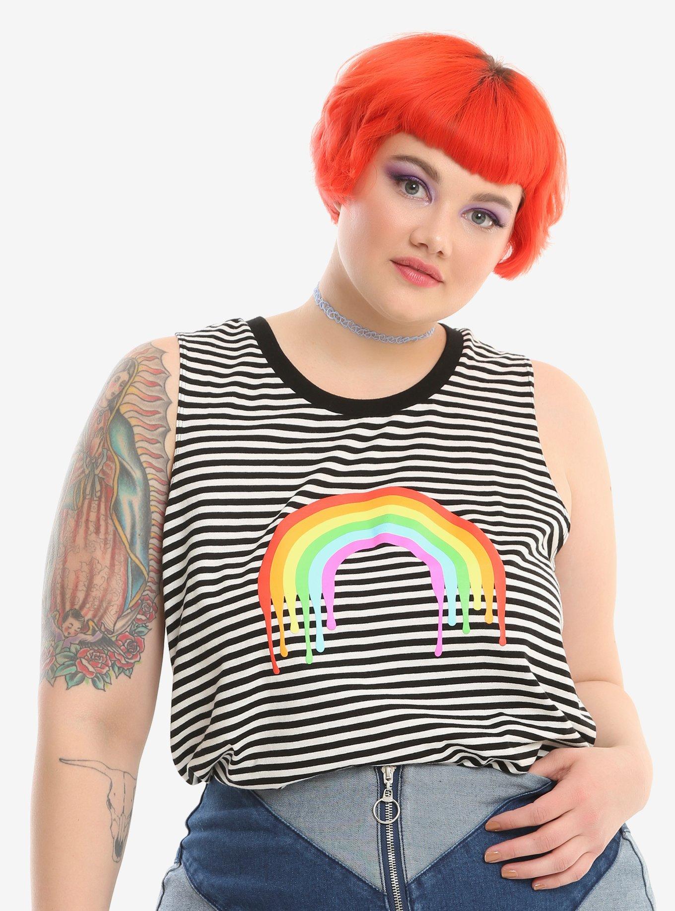 Black & White Striped Dripping Rainbow Girls Tank Top Plus Size, BLACK, hi-res
