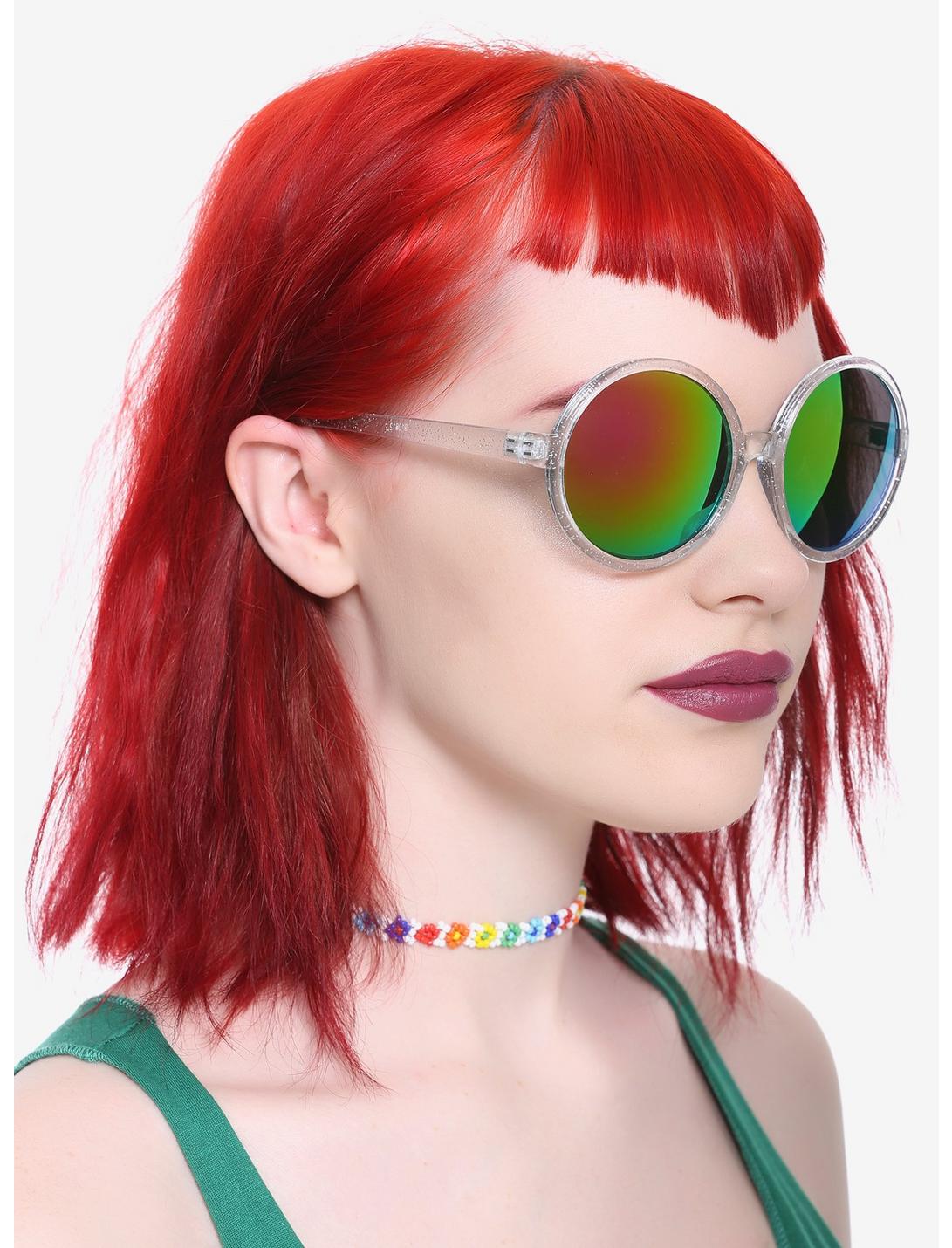 Clear Glitter Round Plastic Sunglasses, , hi-res