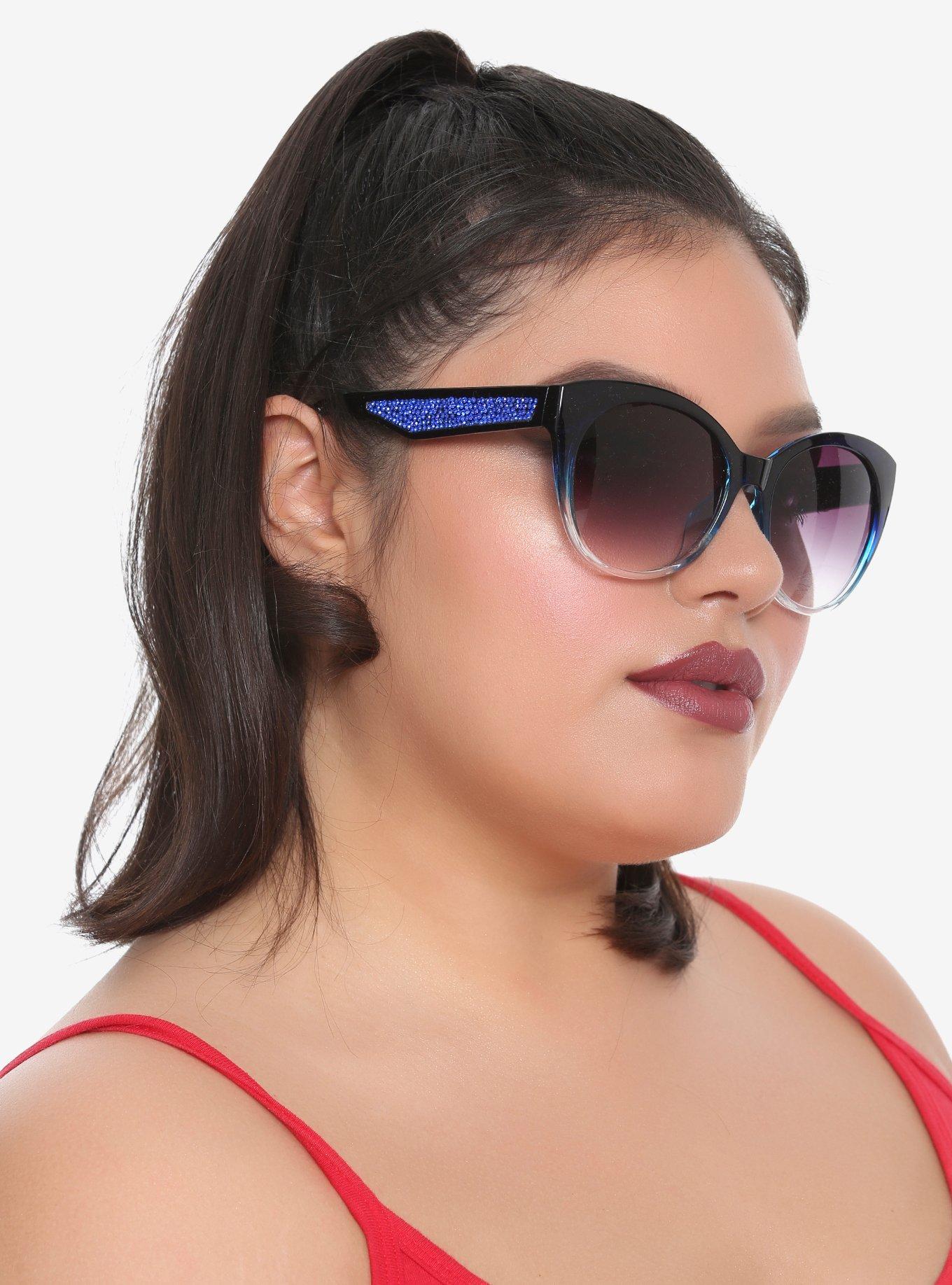 Blue Gradient Glitter Arm Plastic Cat Eye Sunglasses, , hi-res