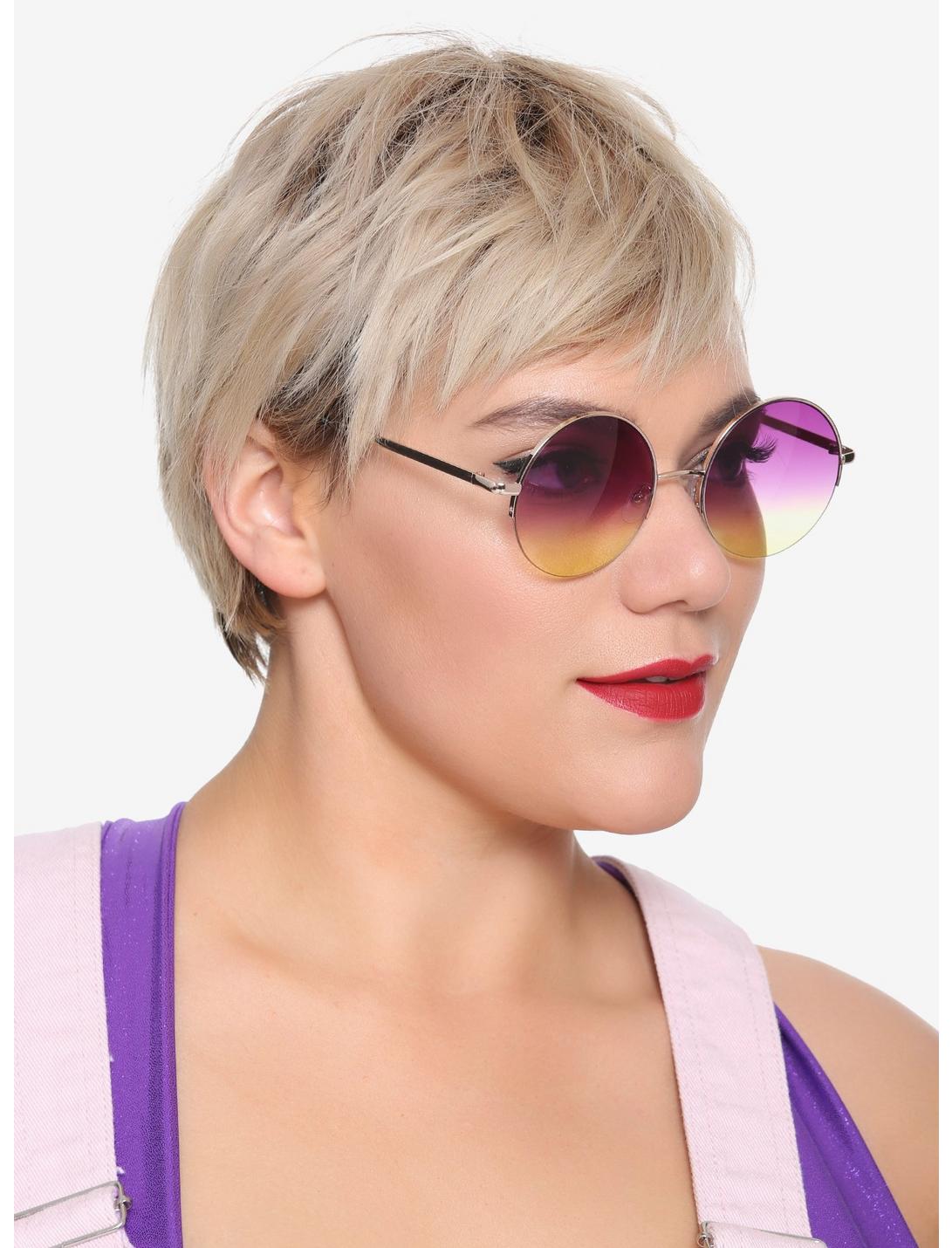 Purple Yellow Gradient Round Gold Frame Sunglasses, , hi-res