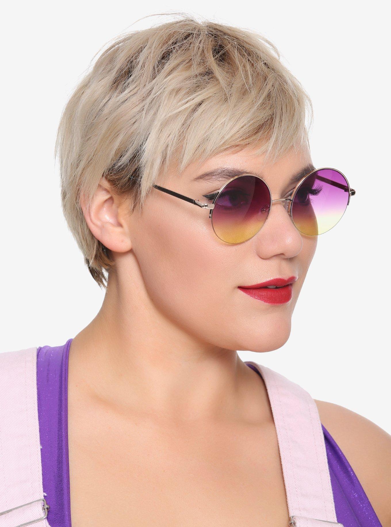 Purple Yellow Gradient Round Gold Frame Sunglasses, , hi-res