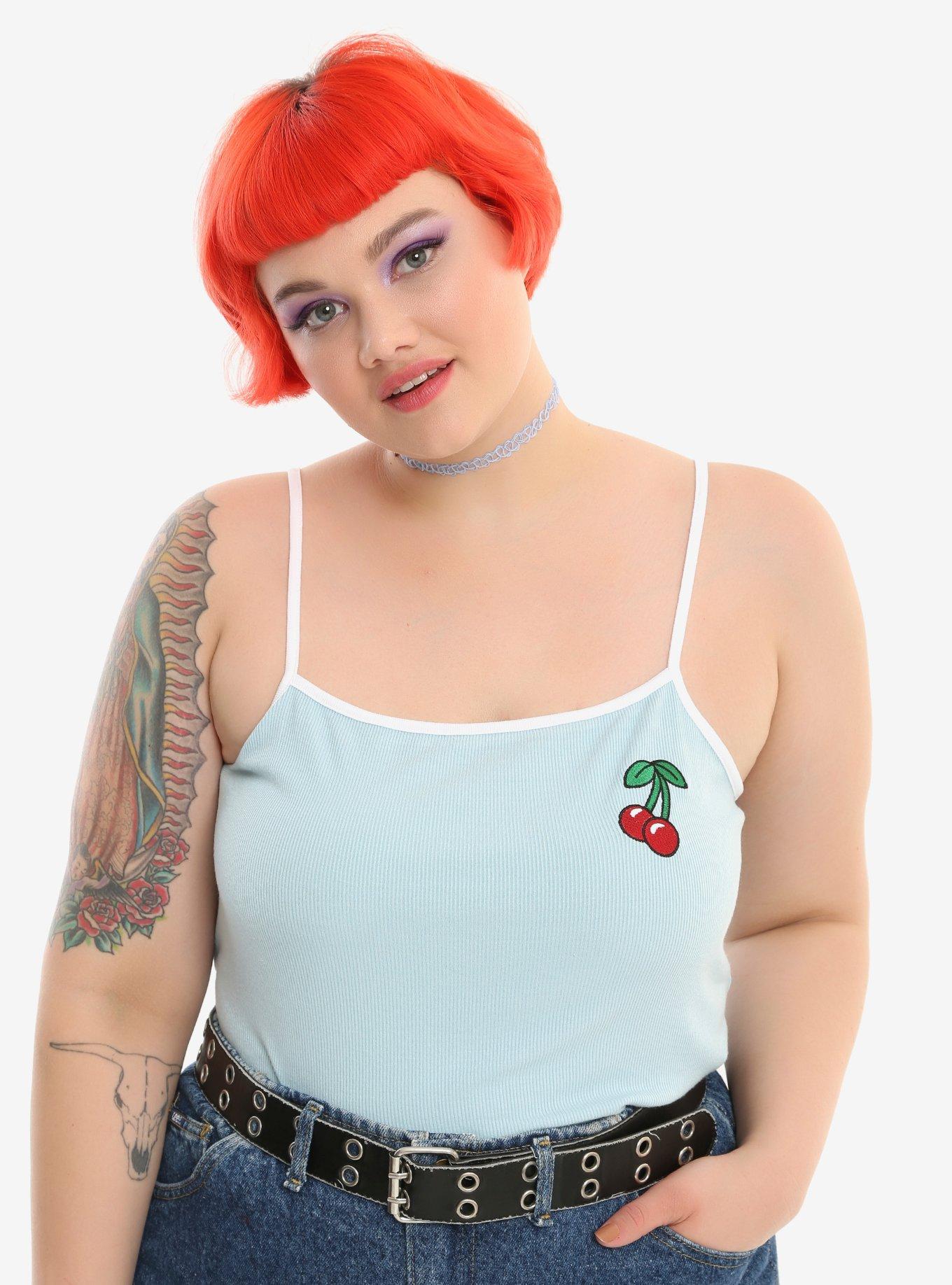Baby Blue Embroidered Cherry Girls Camisole Plus Size, BLUE, hi-res
