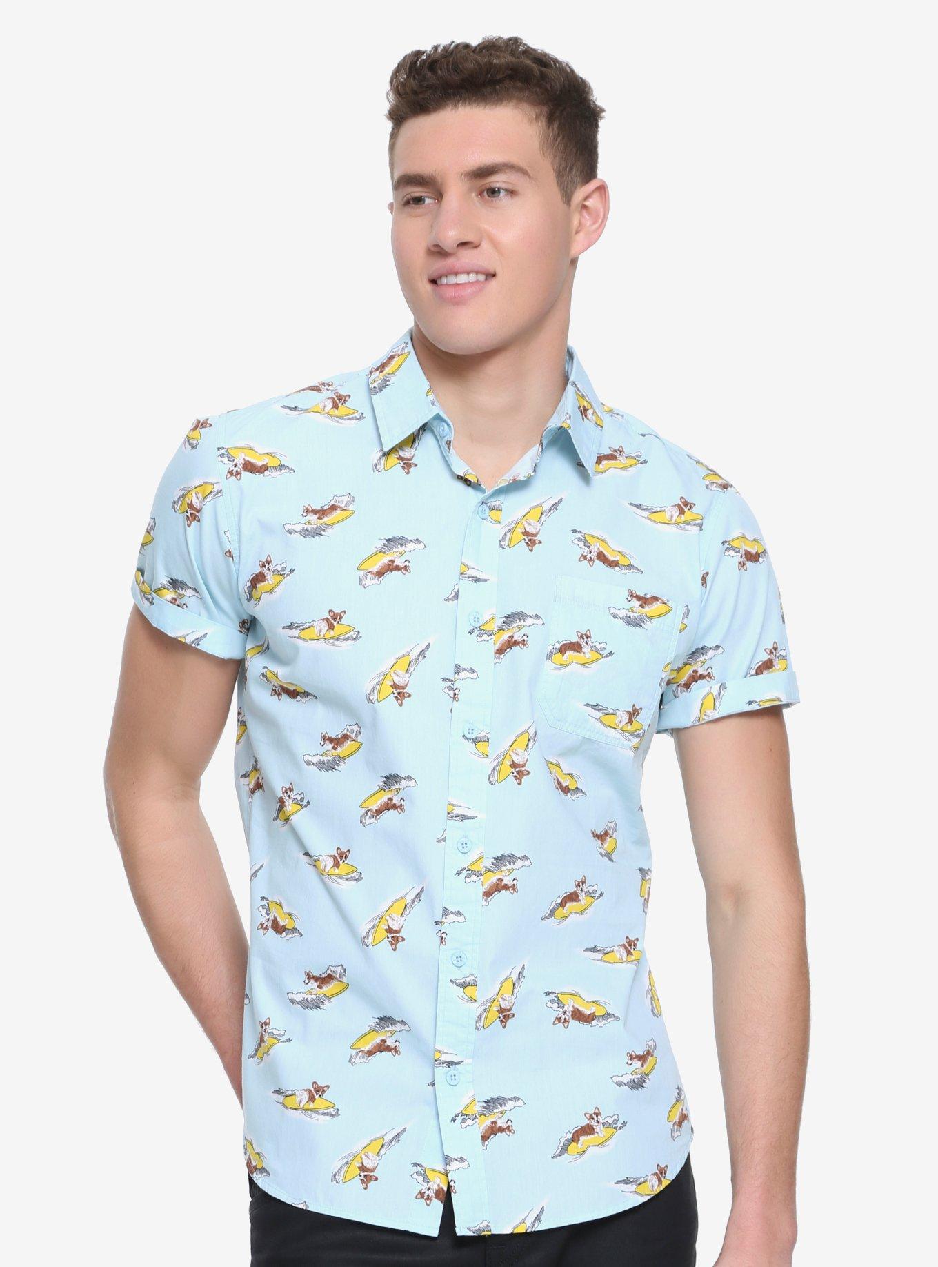 XXX RUDE Surfing Corgi Short-Sleeved Woven Button-Up, BLUE, hi-res