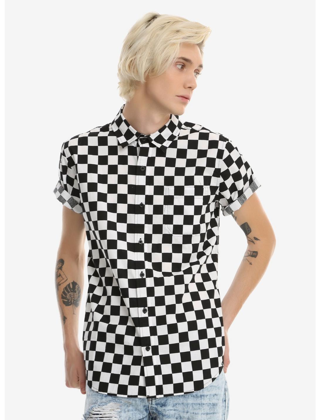 XXX RUDE Black & White Checkerboard Short-Sleeved Woven Button-Up | Hot ...