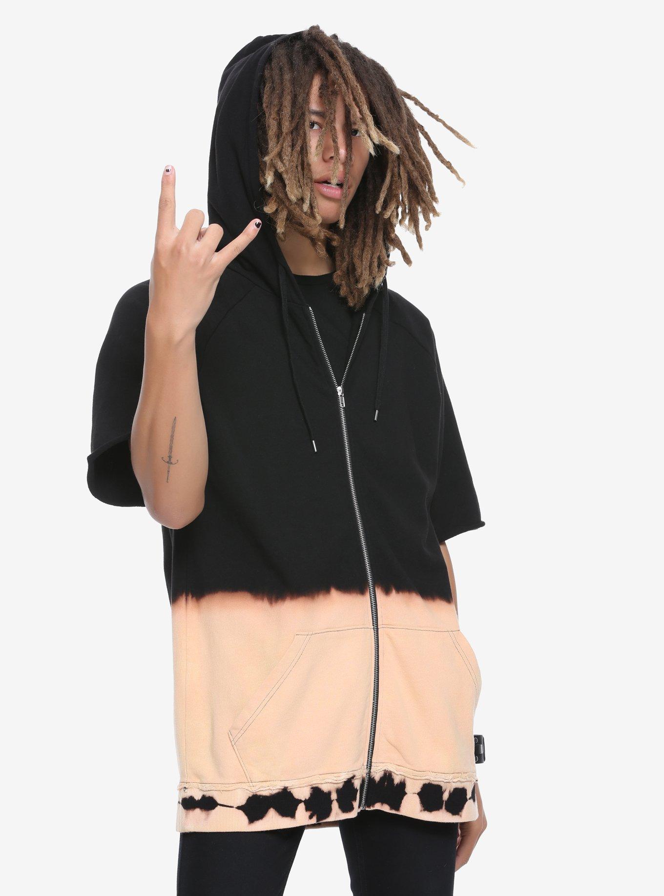 Black Bleach Dip Dye Short-Sleeved Long Hoodie, BLACK, hi-res