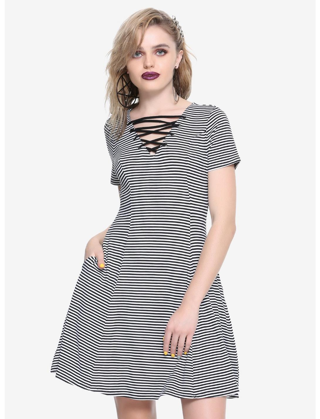 Black & White Striped Lace-Up Neck Dress, PURPLE, hi-res