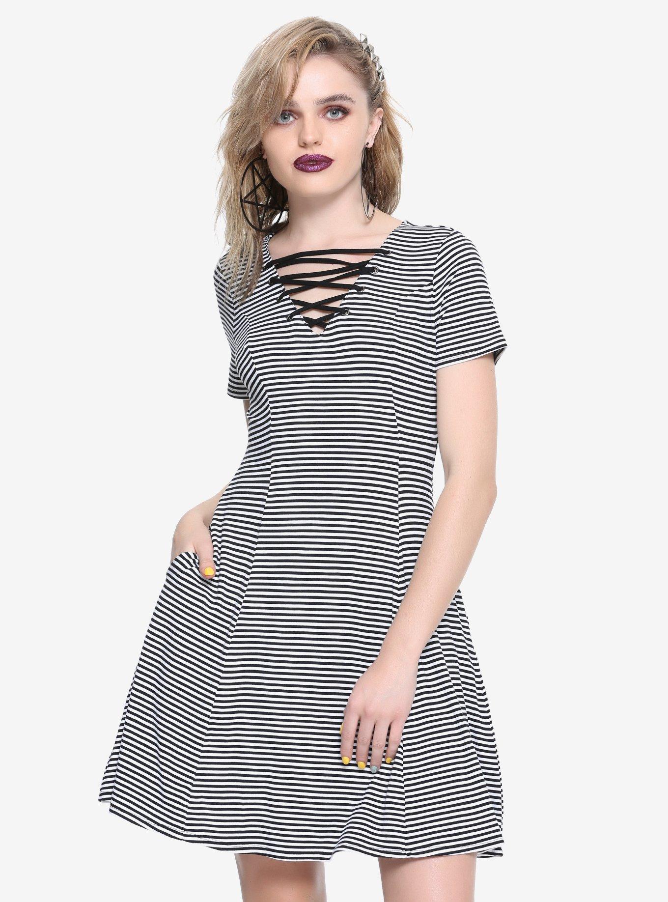 Black & White Striped Lace-Up Neck Dress, PURPLE, hi-res