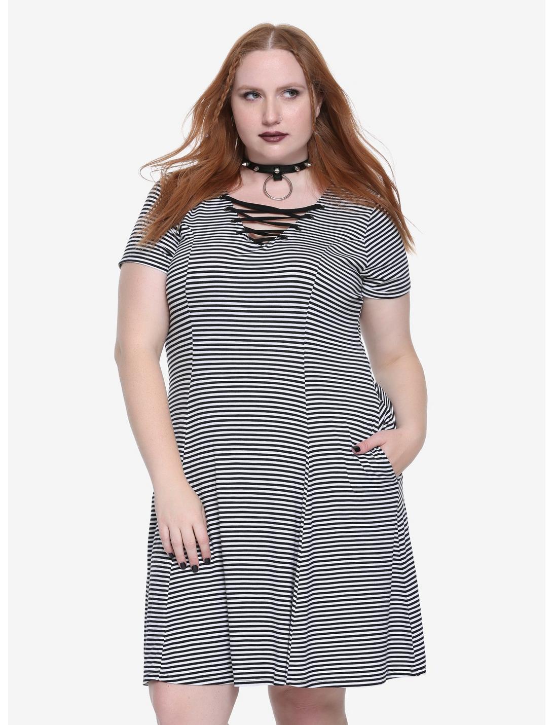 Black & White Striped Lace-Up Neck Dress Plus Size, BLACK, hi-res