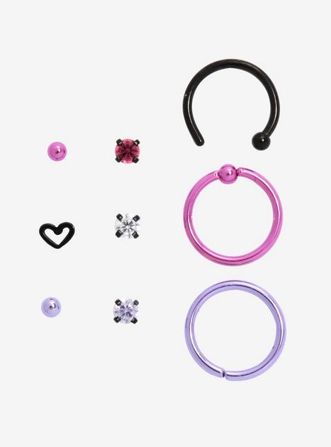 Steel Pink Purple Black Nose Stud & Hoop 9 Pack | Hot Topic