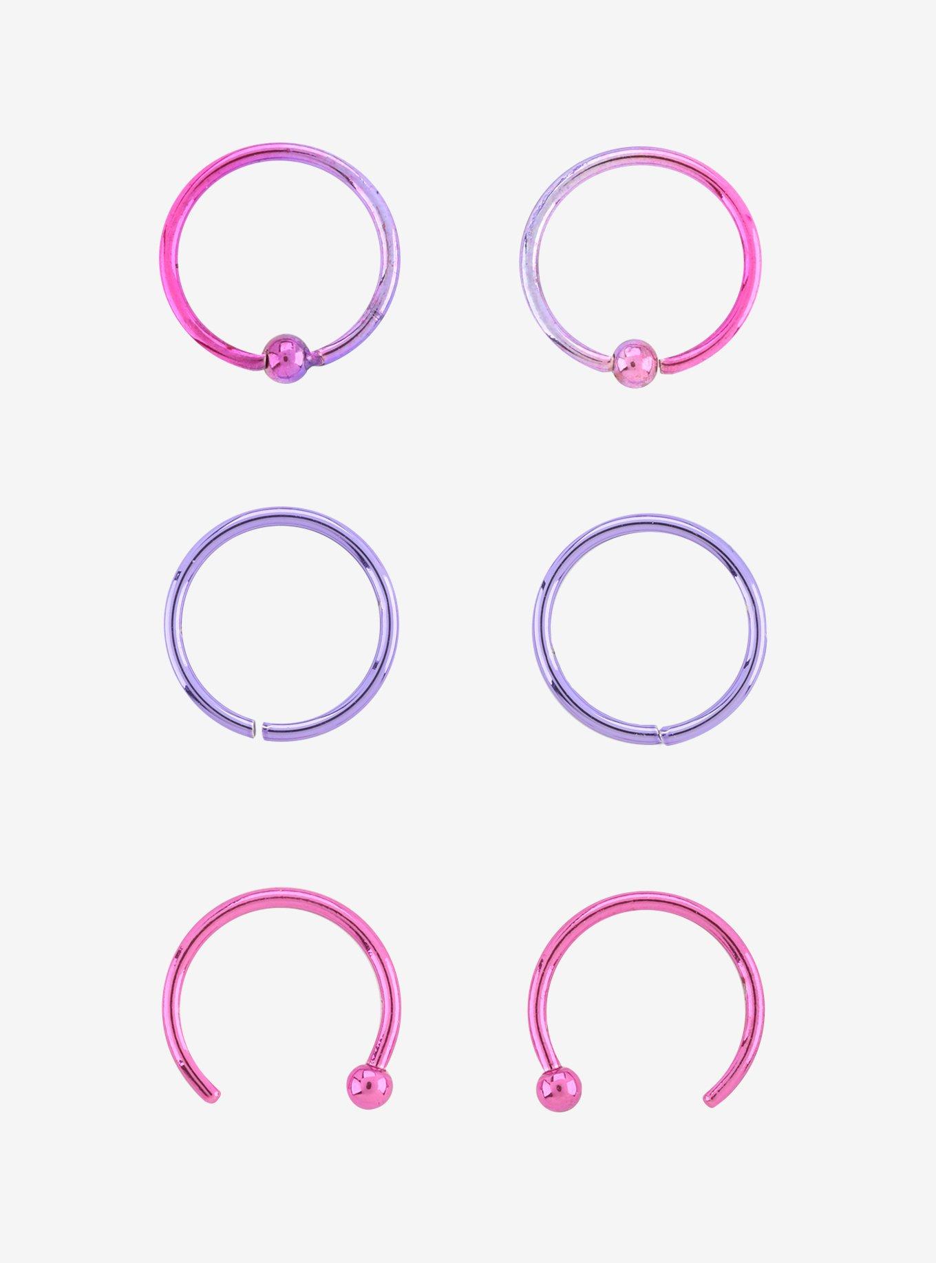 Steel Pink Purple Nose Hoop 6 Pack | Hot Topic
