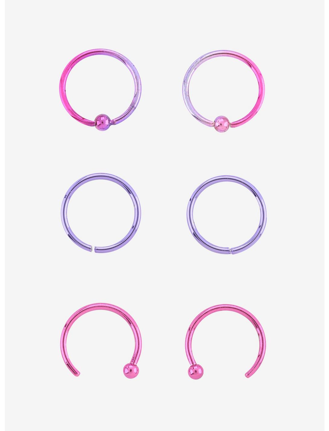 Steel Pink Purple Nose Hoop 6 Pack, MULTI, hi-res