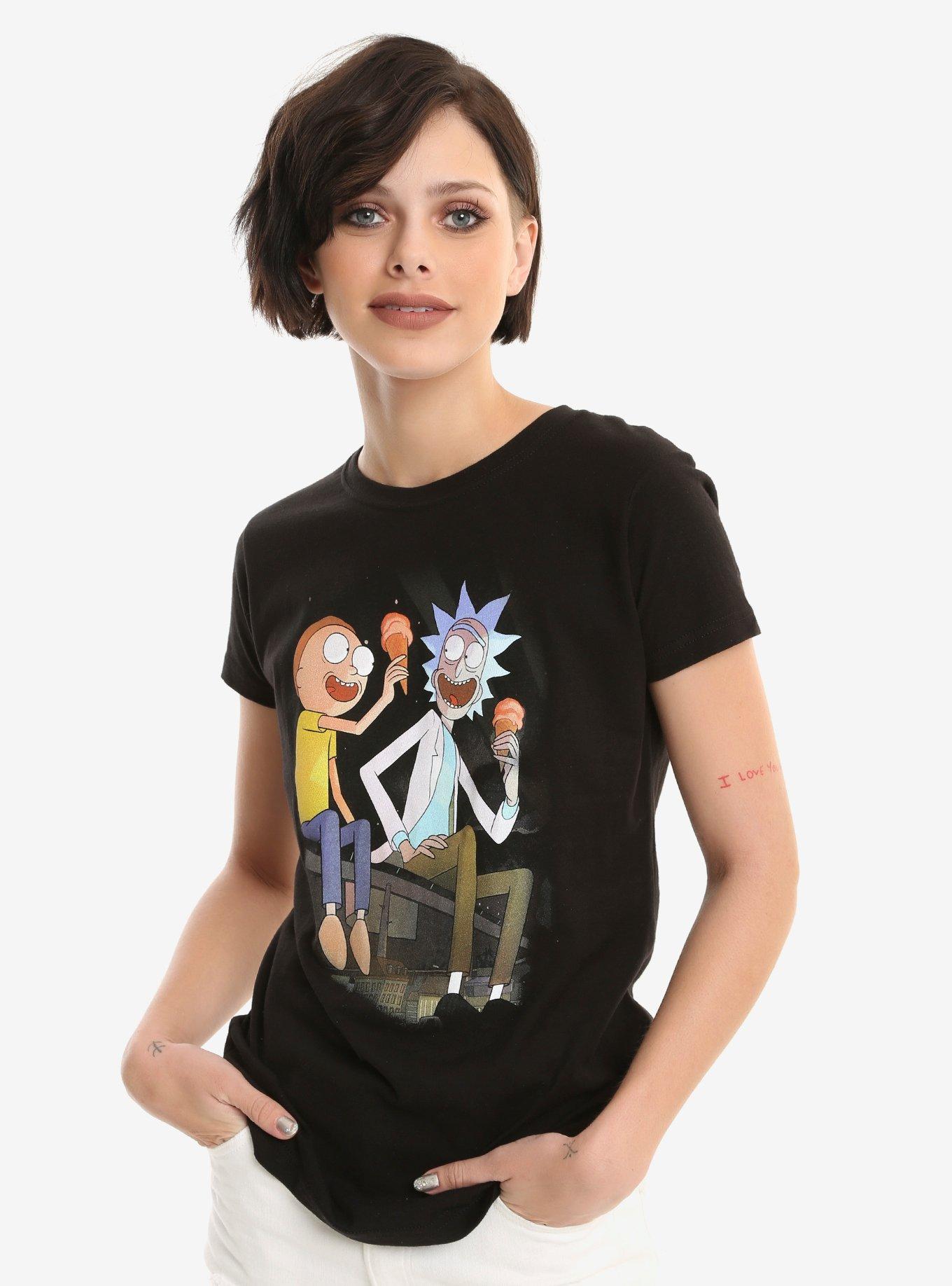 Rick And Morty Eating Ice Cream Girls T-Shirt, BLACK, hi-res