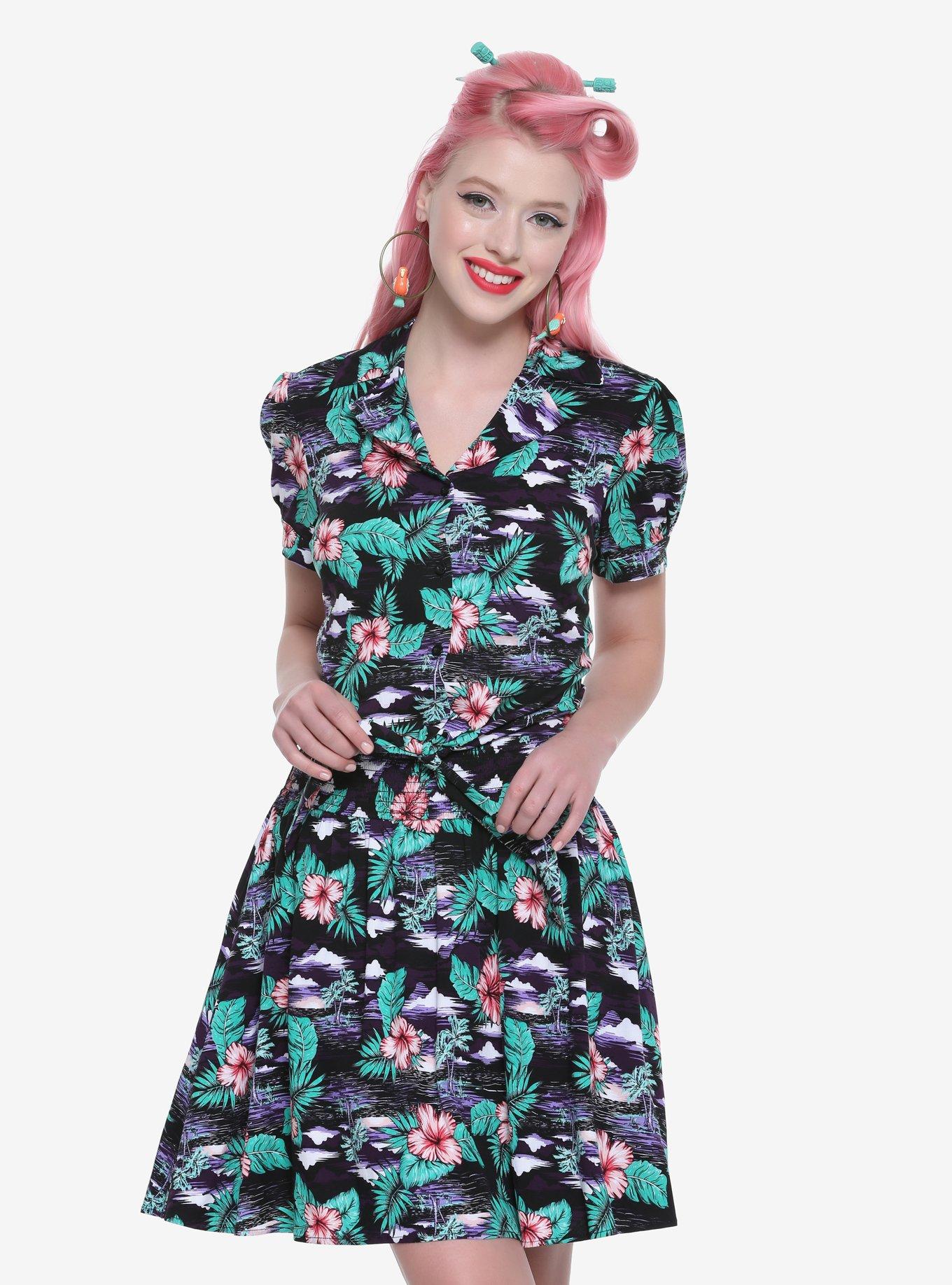 Tropical Print Tie Waist Girls Crop Woven Button-Up, BLUE, hi-res