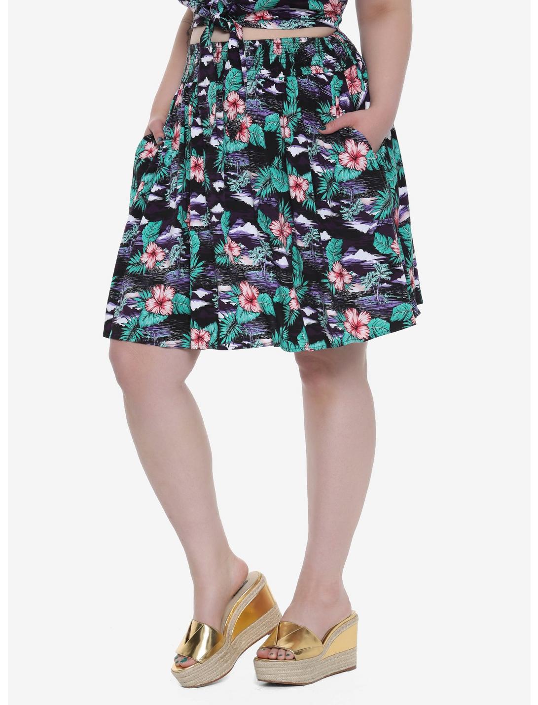 Tropical Print Skirt Plus Size, BLUE, hi-res