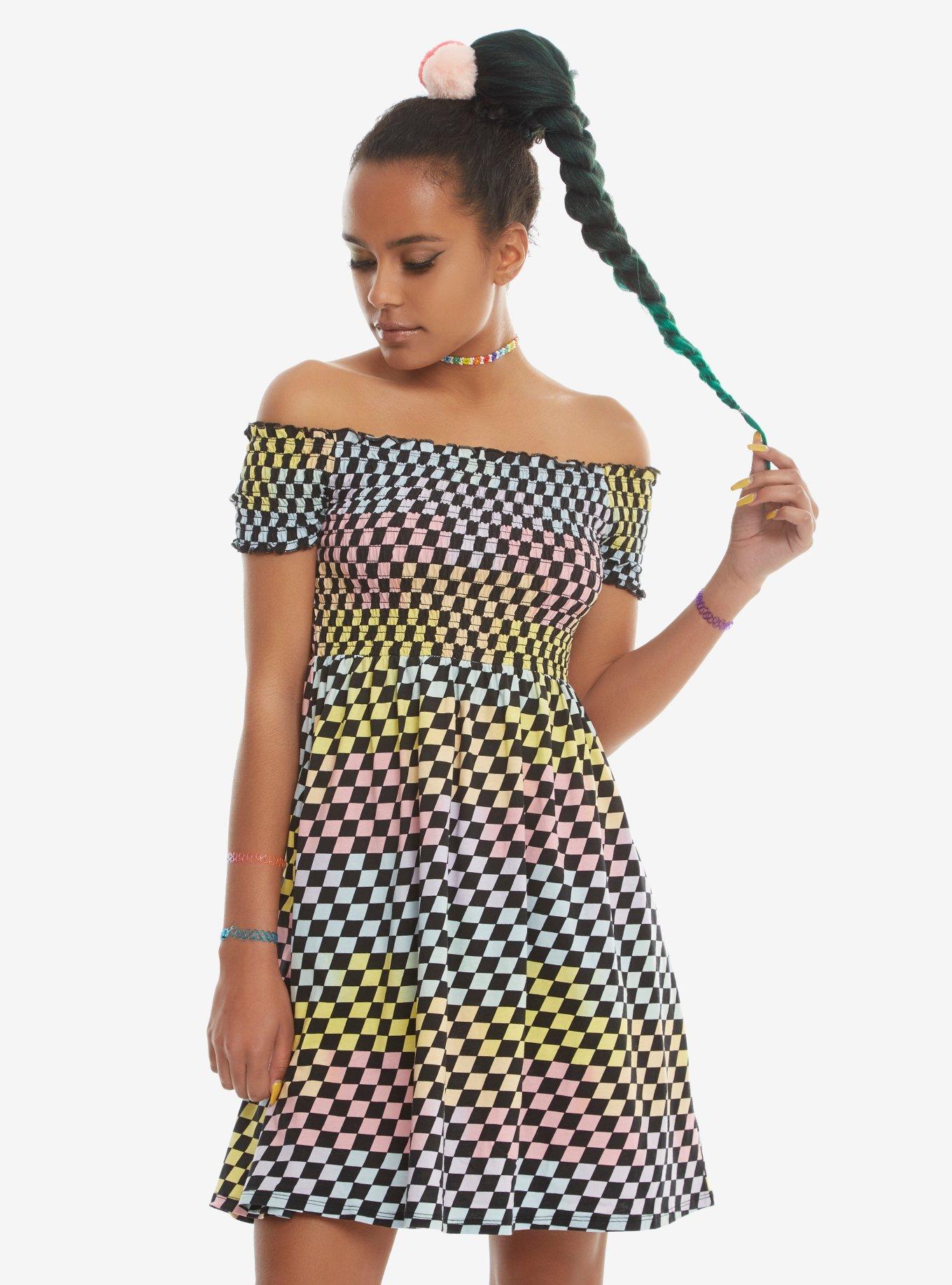 Rainbow Checkerboard Off-The-Shoulder Smocked Dress