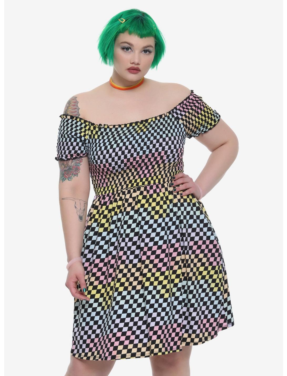 Rainbow Checkered Off-The-Shoulder Smocked Dress Plus Size, BLACK, hi-res