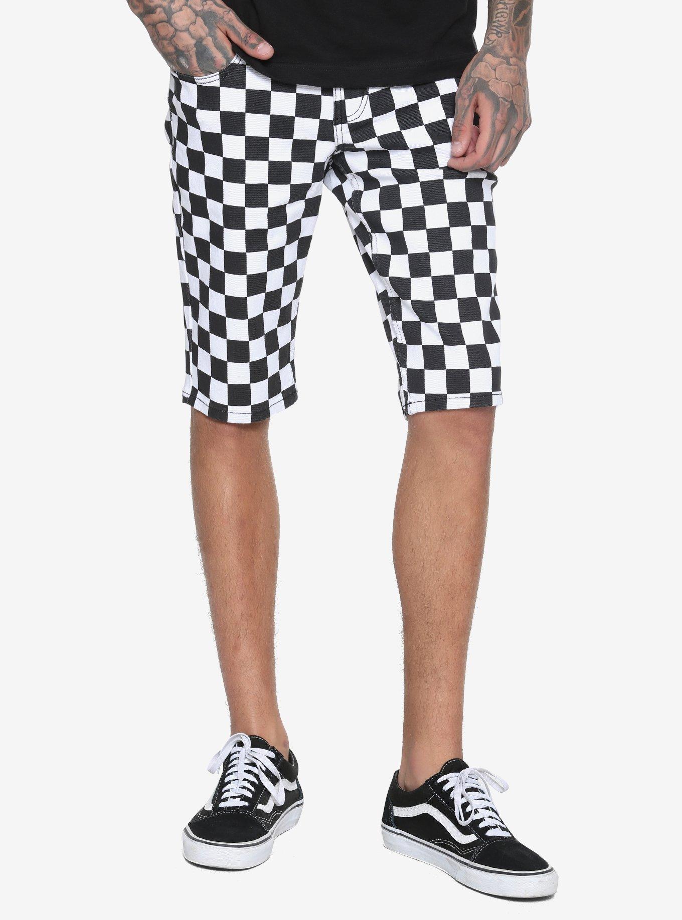 XXX RUDE Black & White Checkered Skinny Shorts, BLACK, hi-res