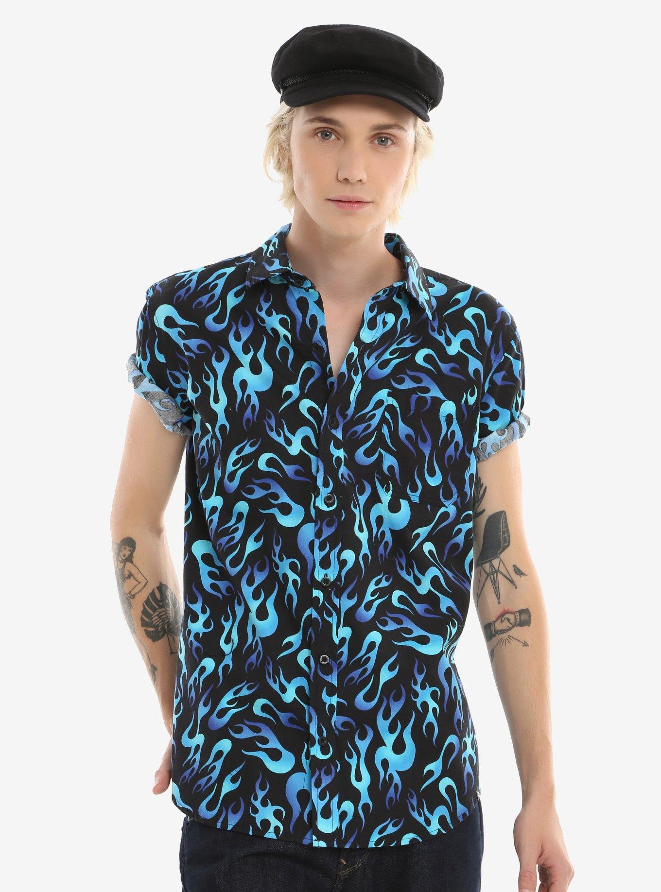 XXX RUDE Blue Flames Short-Sleeved Woven Button-Up | Hot Topic