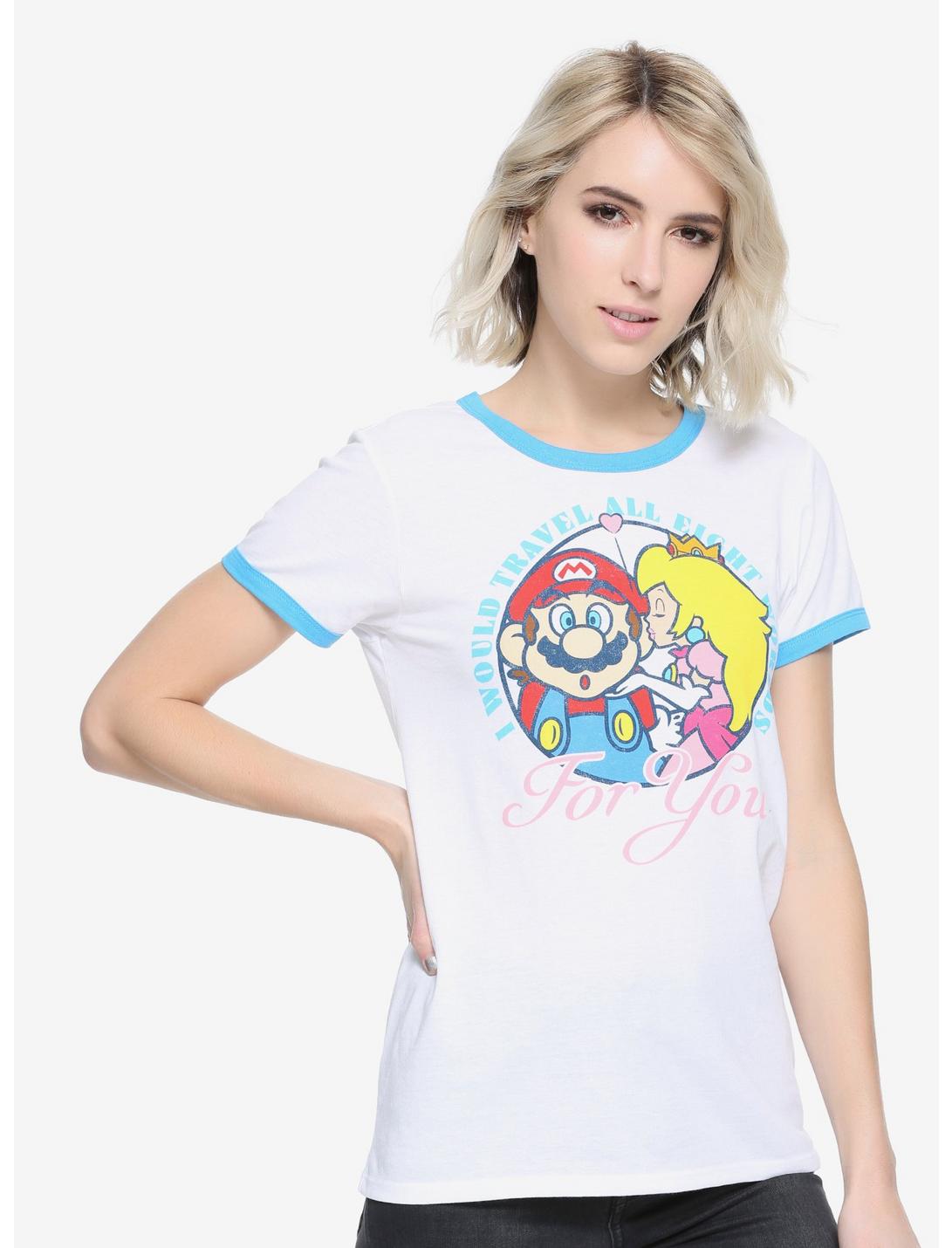 Super Mario & Peach All Eight Worlds Girls Ringer T-Shirt, WHITE, hi-res