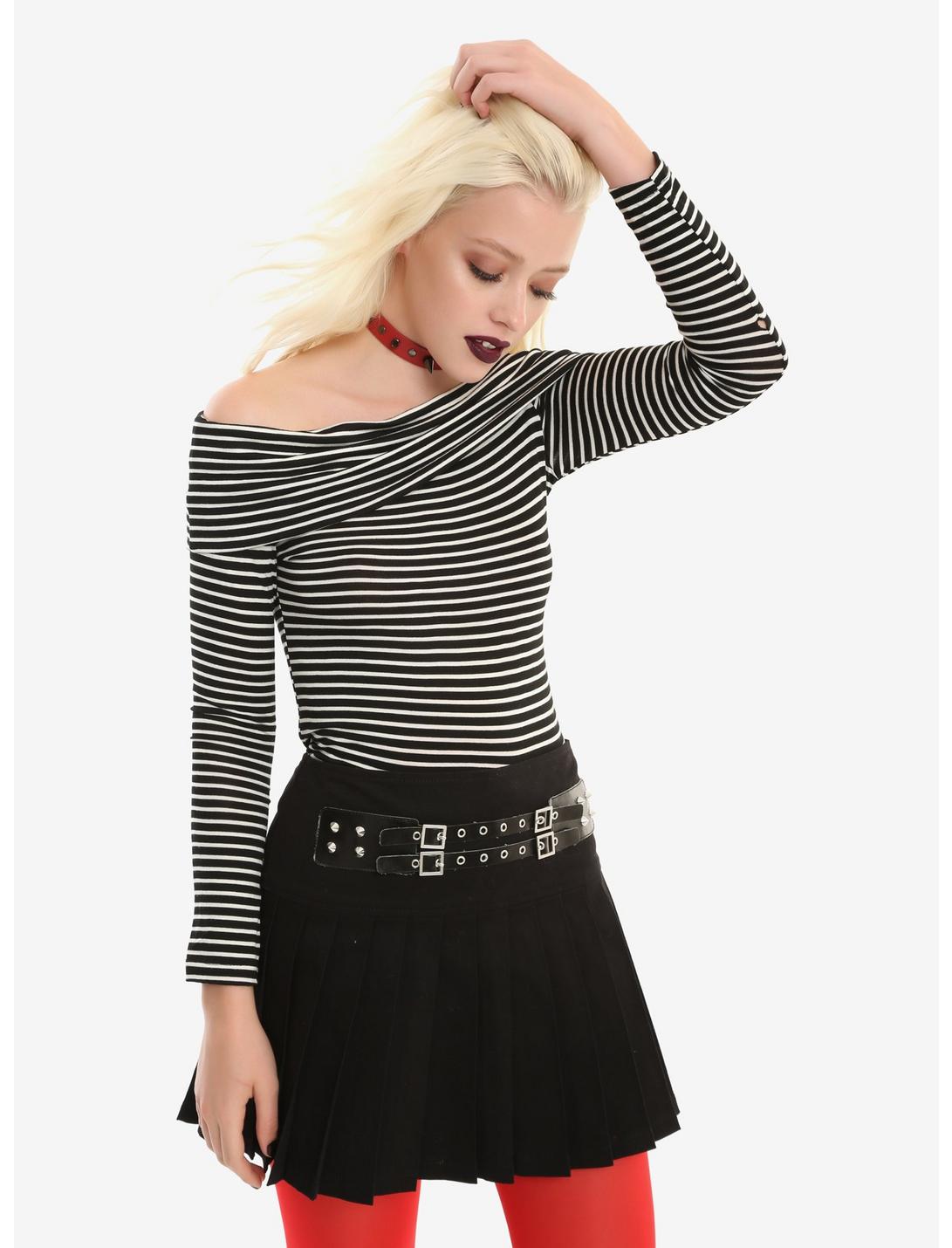 Black & White Striped Marilyn Girls Top, BLACK, hi-res