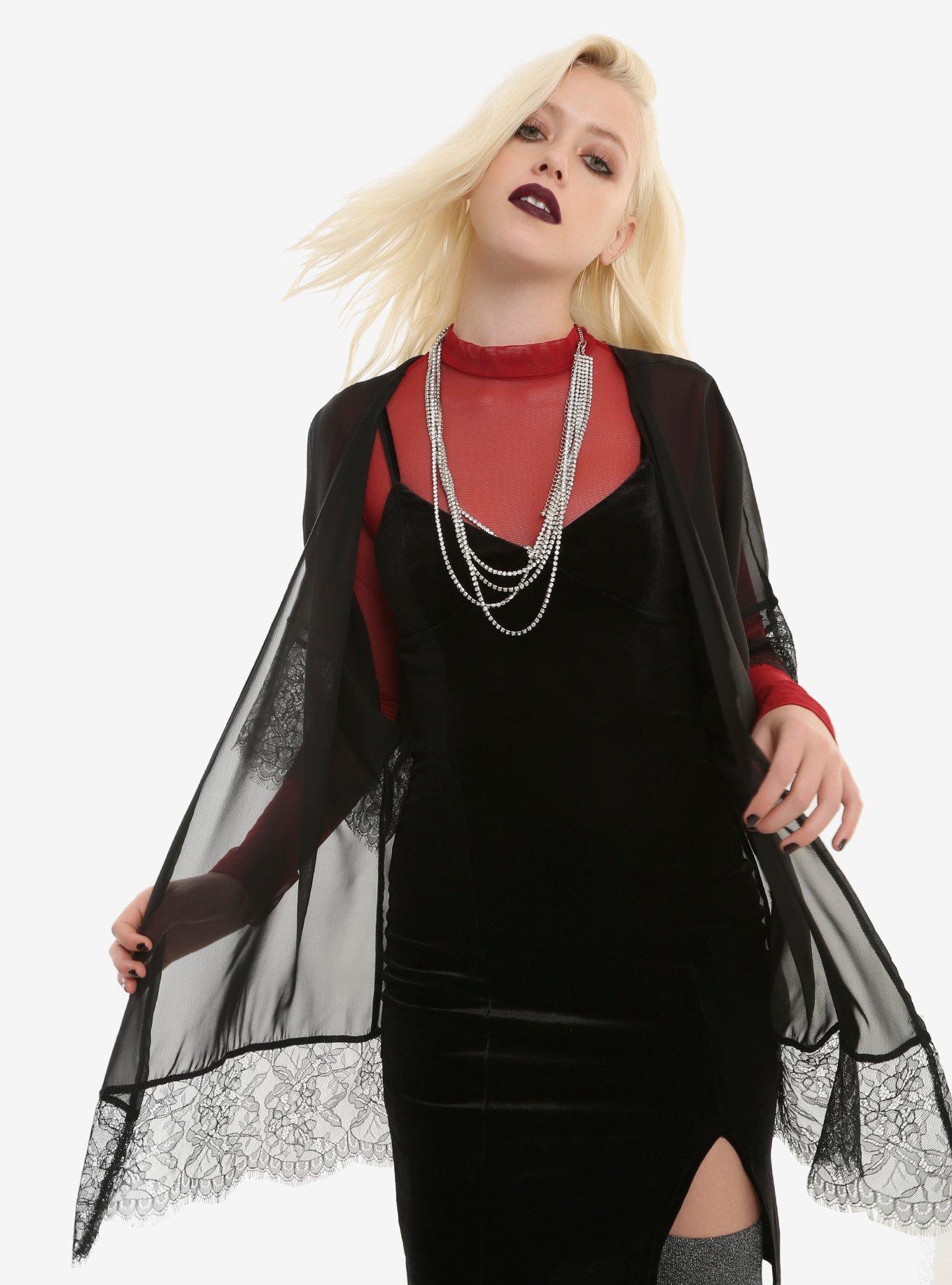 Black Chiffon Eyelash Trim Kimono, BLACK, hi-res