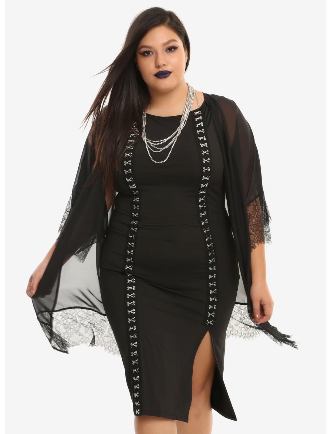 Black Chiffon Eyelash Trim Kimono Plus Size, BLACK, hi-res