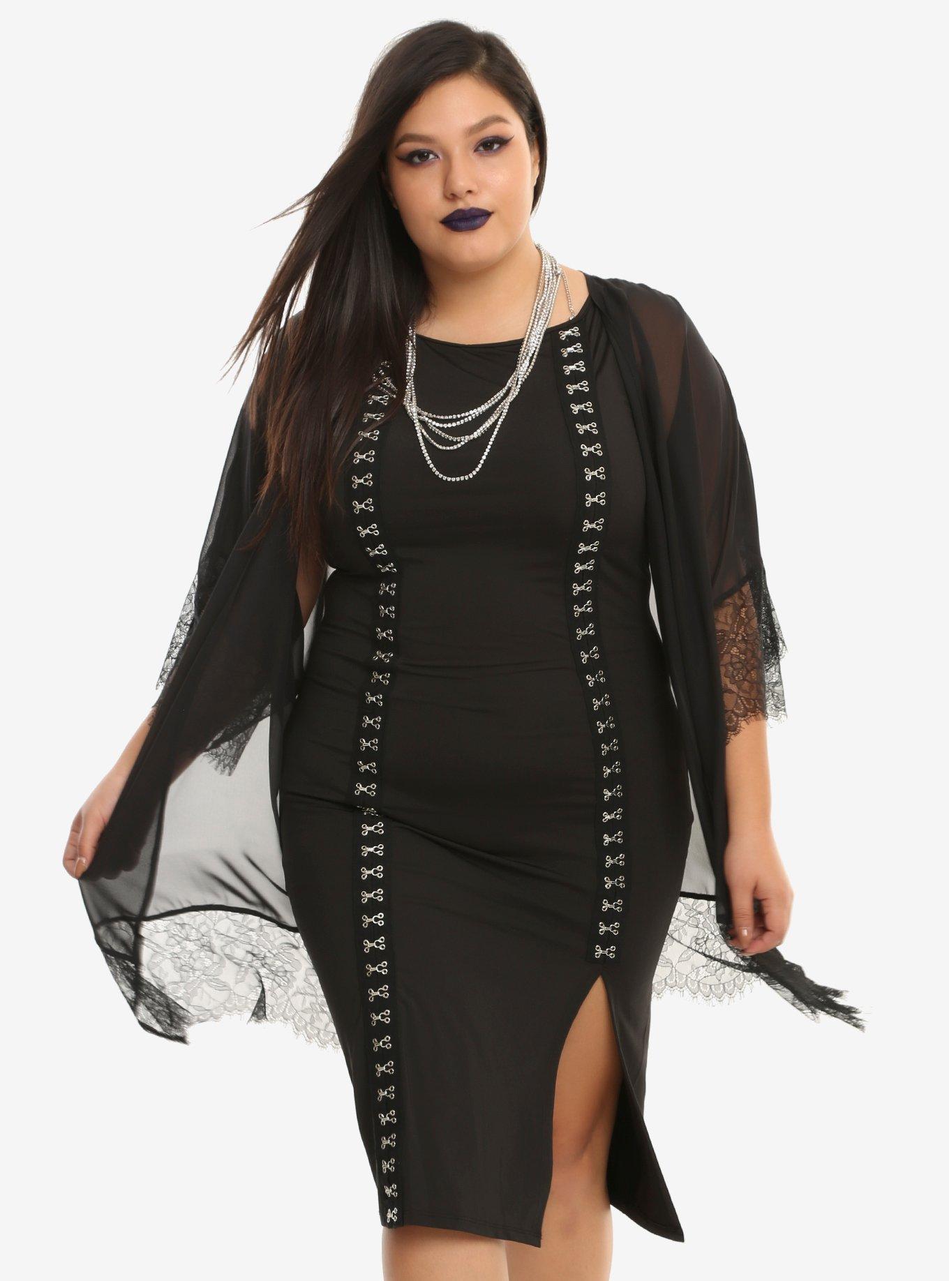 Black Chiffon Eyelash Trim Kimono Plus Size, BLACK, hi-res