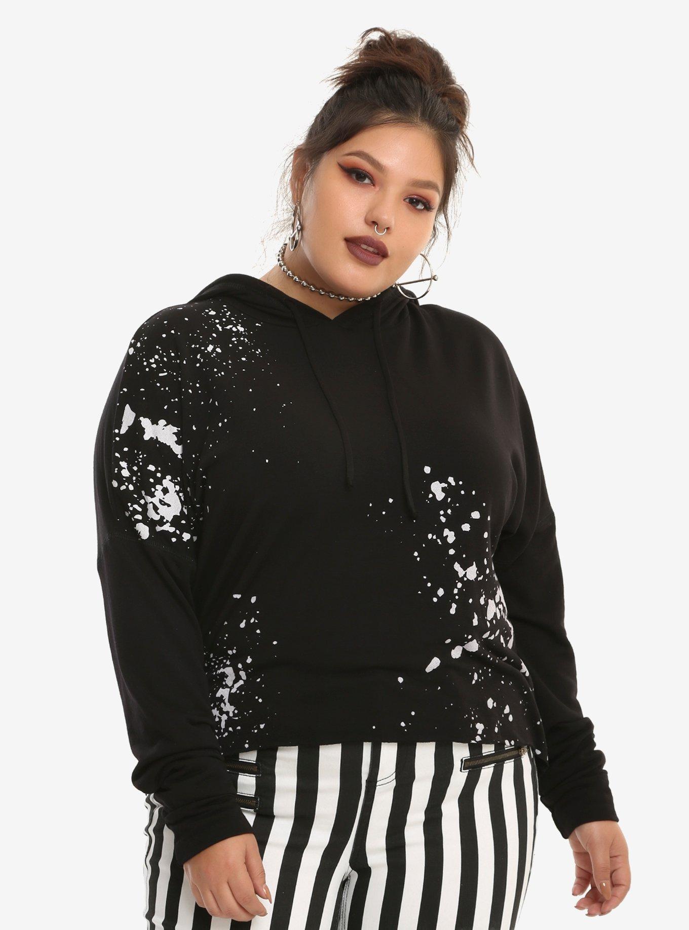 Black & White Splatter Girls Crop Hoodie Plus Size, BLACK, hi-res