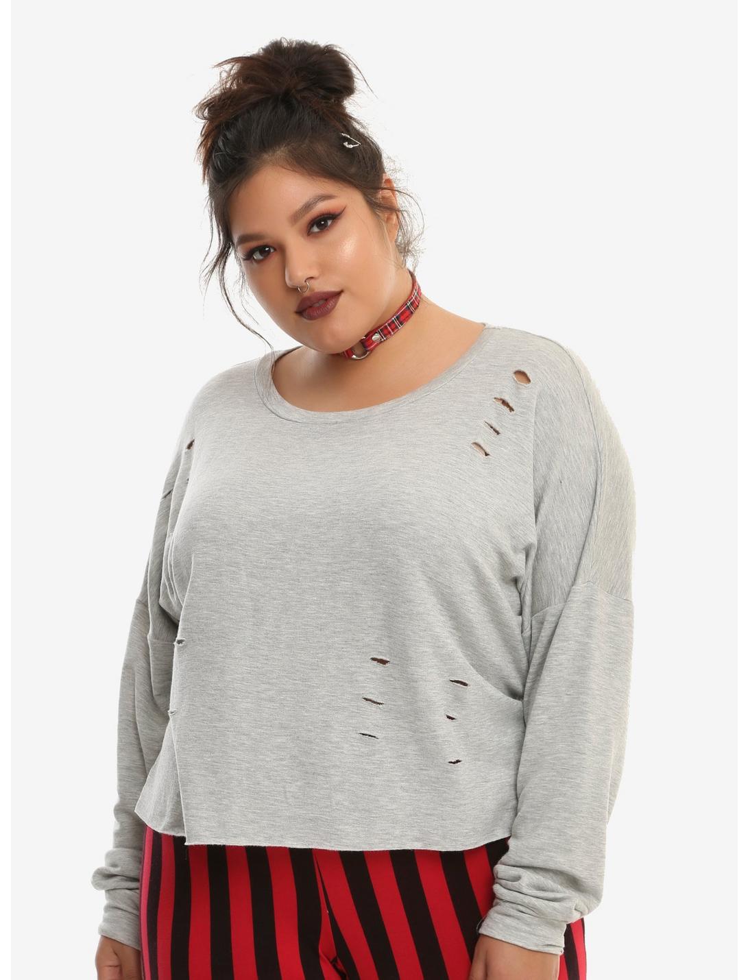 Heather Grey Destructed Girls Crop Sweatshirt Plus Size, GREY, hi-res