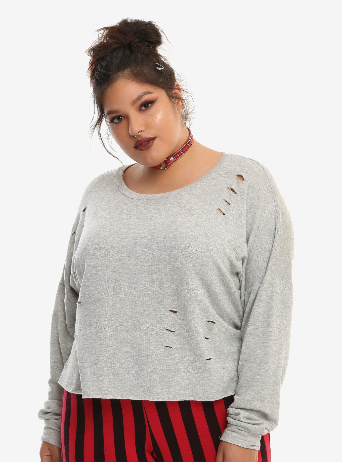 Heather Grey Destructed Girls Crop Sweatshirt Plus Size, GREY, hi-res