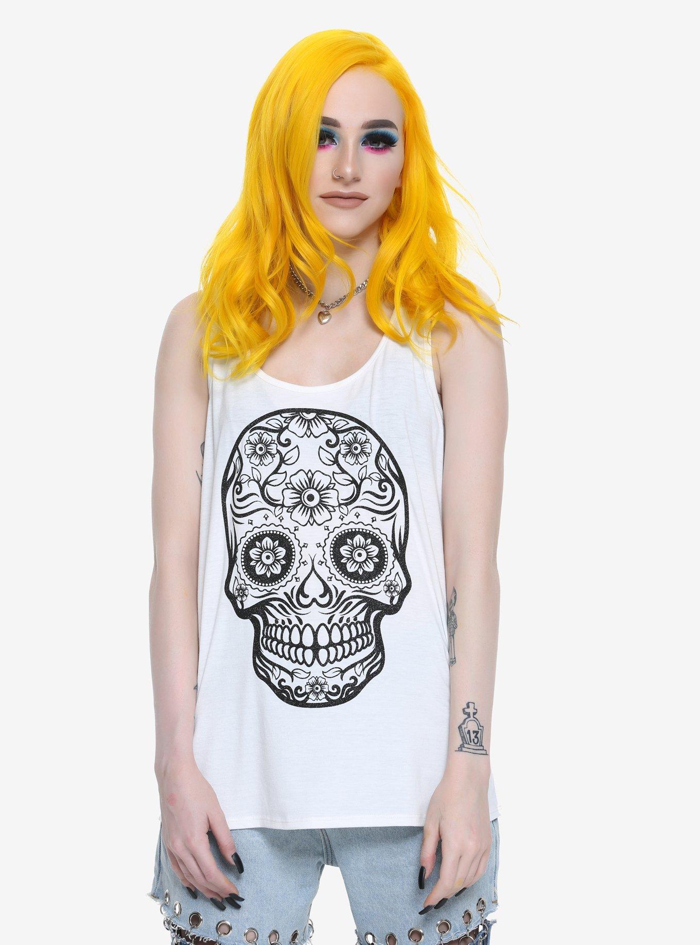 Ivory & Black Glitter Sugar Skull Lace Back Girls Tank Top, WHITE, hi-res